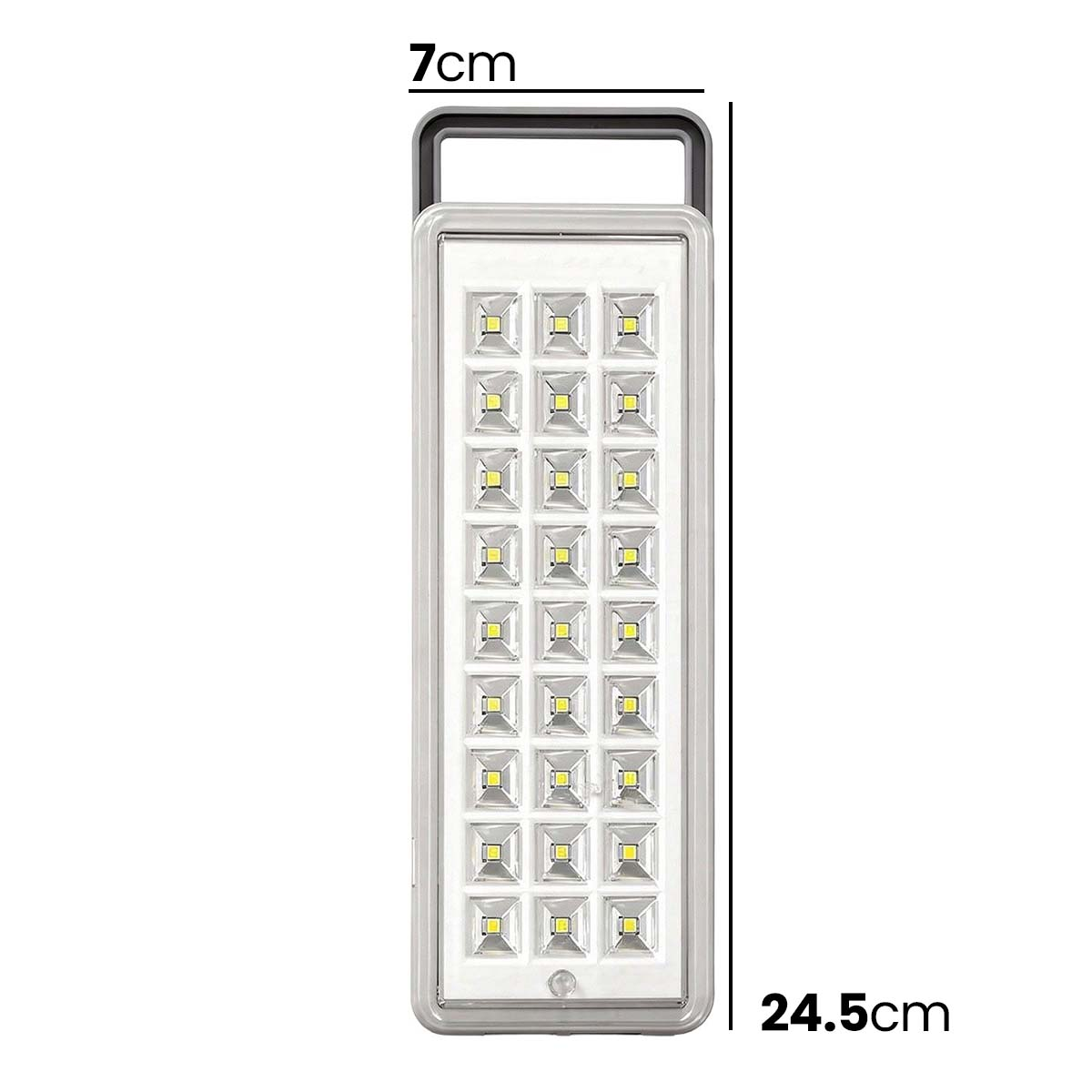 Eine rechteckige Lampe mit vielen LEDs und einem Griff. Maße 24,5cm x 7cm.