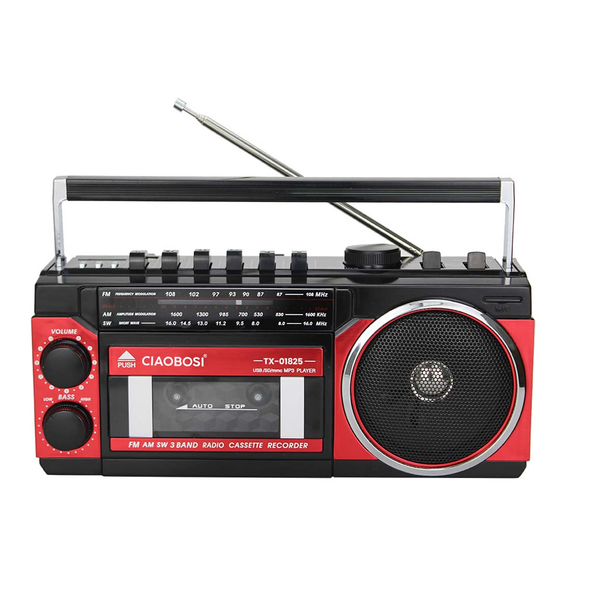 Ein rotes und schwarzes Radio mit Kassettendeck, Antenne und Lautsprecher.