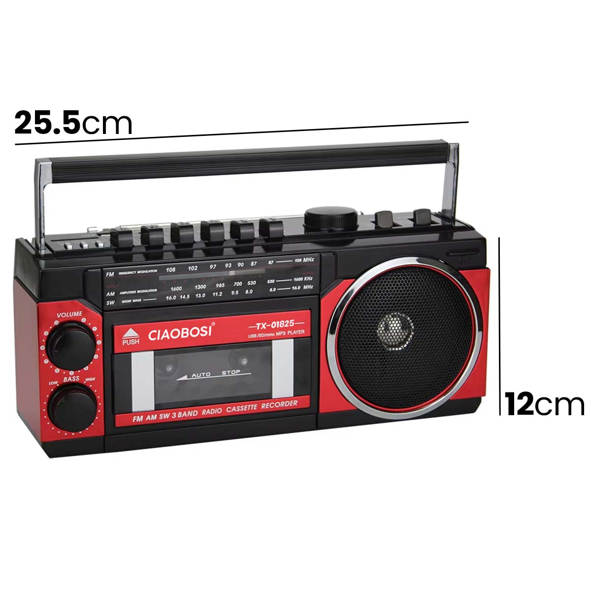 Ein tragbares schwarzes und rotes Radio mit Kassettendeck und Lautsprecher.