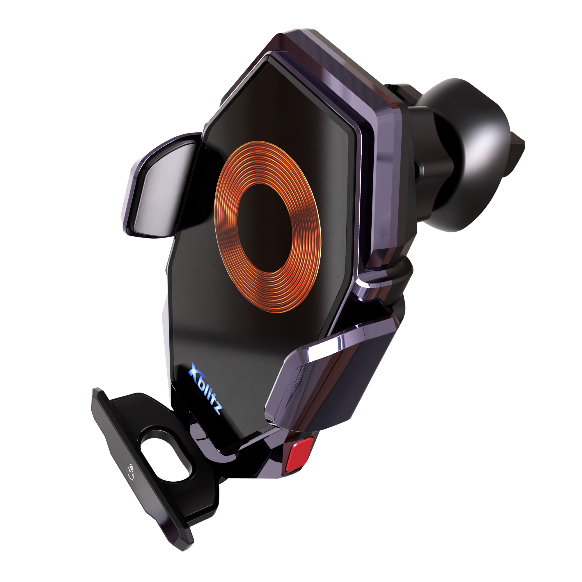 Czarny uchwyt na telefon z motywem cewki i niebieskimi akcentami.