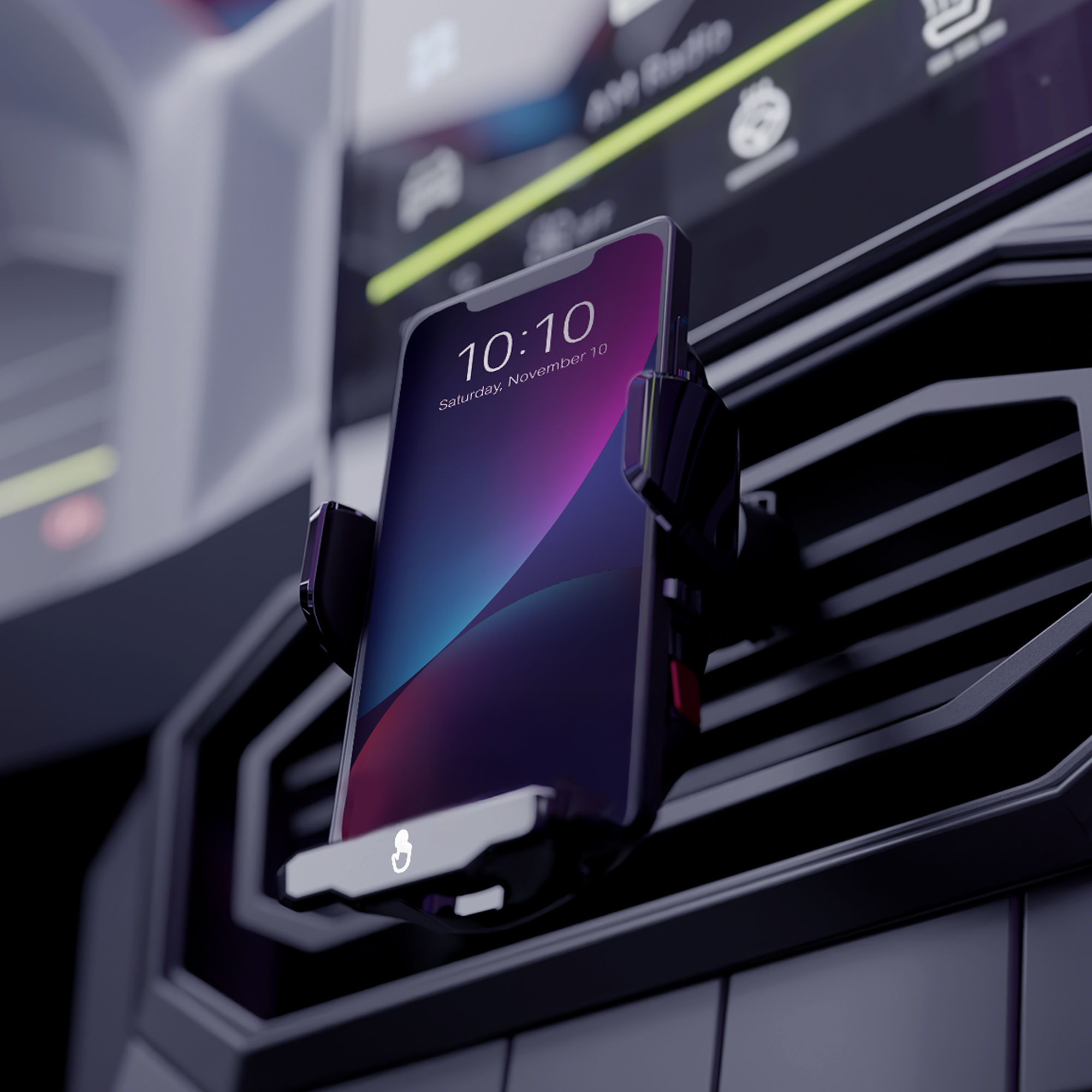 Smartfon w uchwycie samochodowym, przed deską rozdzielczą.