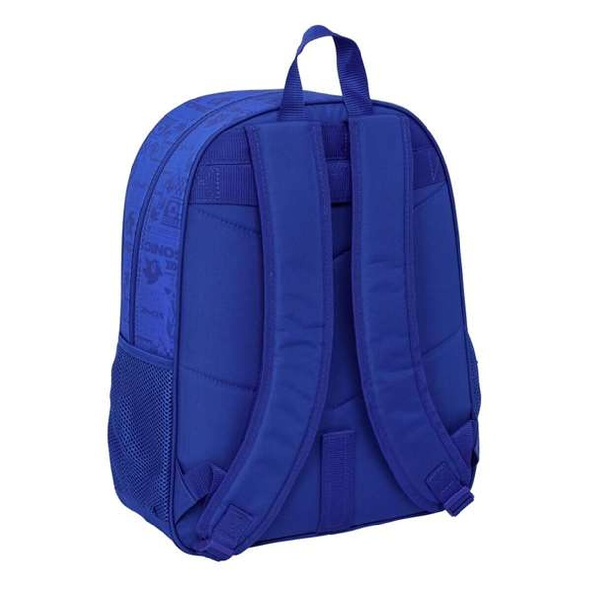 Ein blauer Rucksack mit gepolsterten Trägern und einem Netzseitenfach.