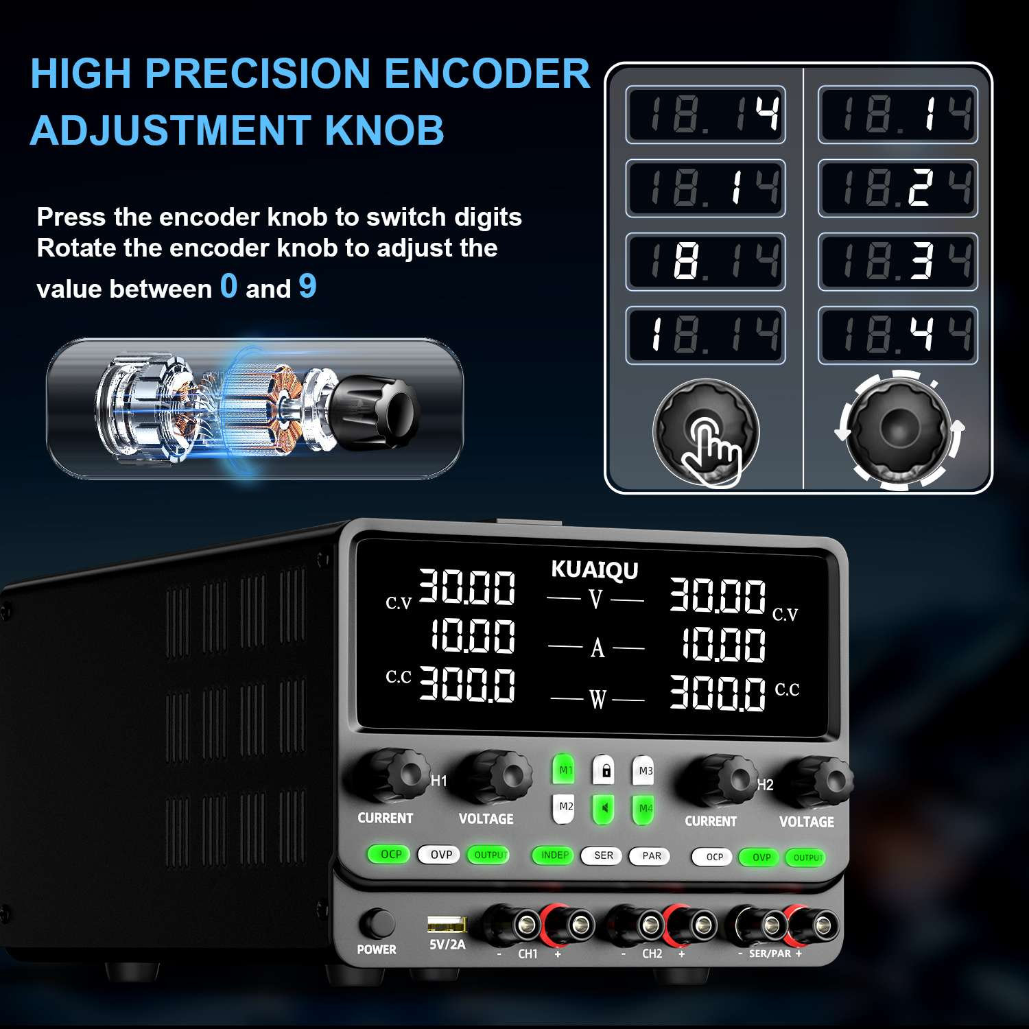 Ein schwarzes Netzteil mit digitalen Anzeigen und Reglern. Oben sind Anweisungen und eine schematische Darstellung eines Encoders.