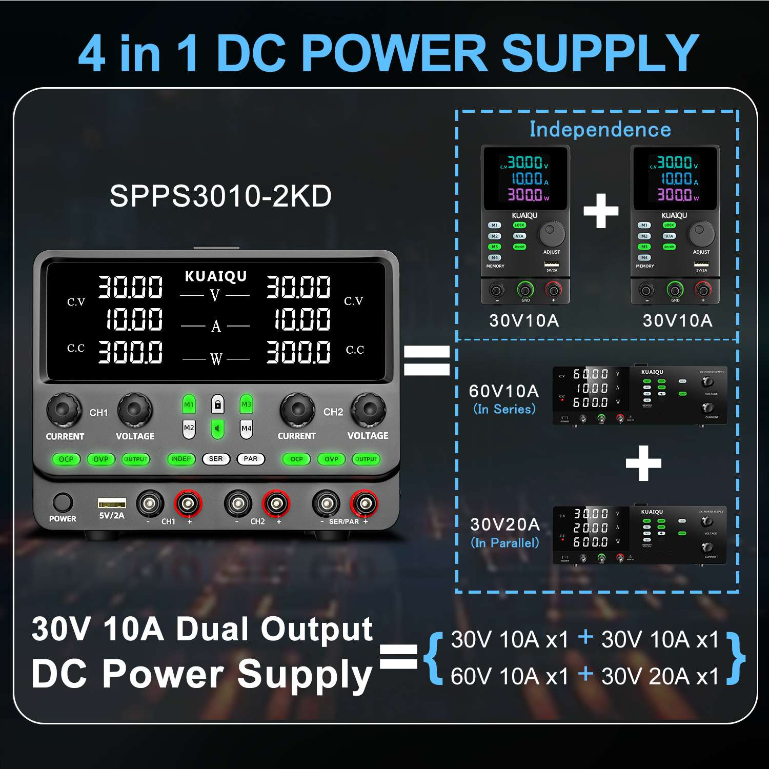 Ein 4-in-1 DC-Netzteil SPPS3010-2KD mit zwei unabhängigen 30V10A-Kanälen.