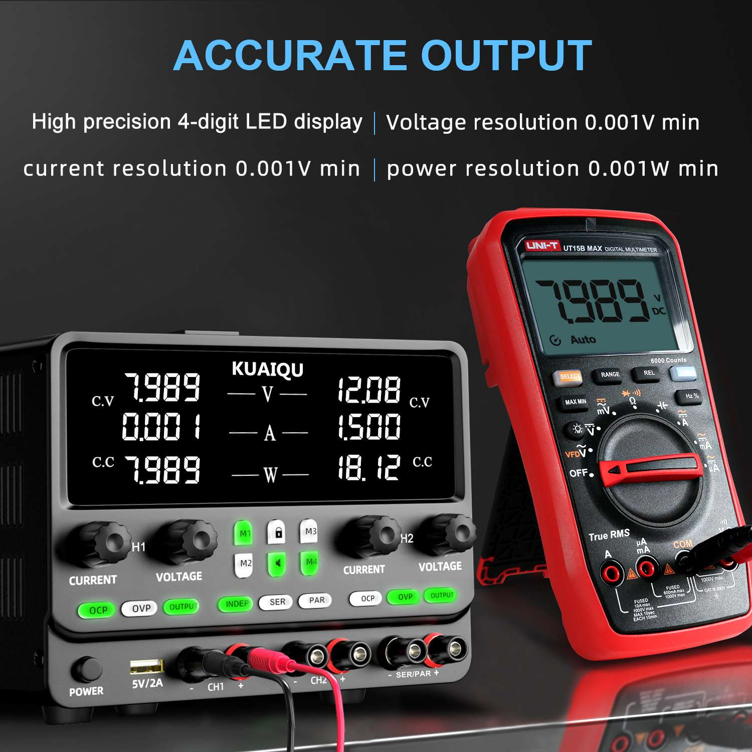 Zwei digitale Multimeter und eine Beschreibung von genauen Ausgängen.
