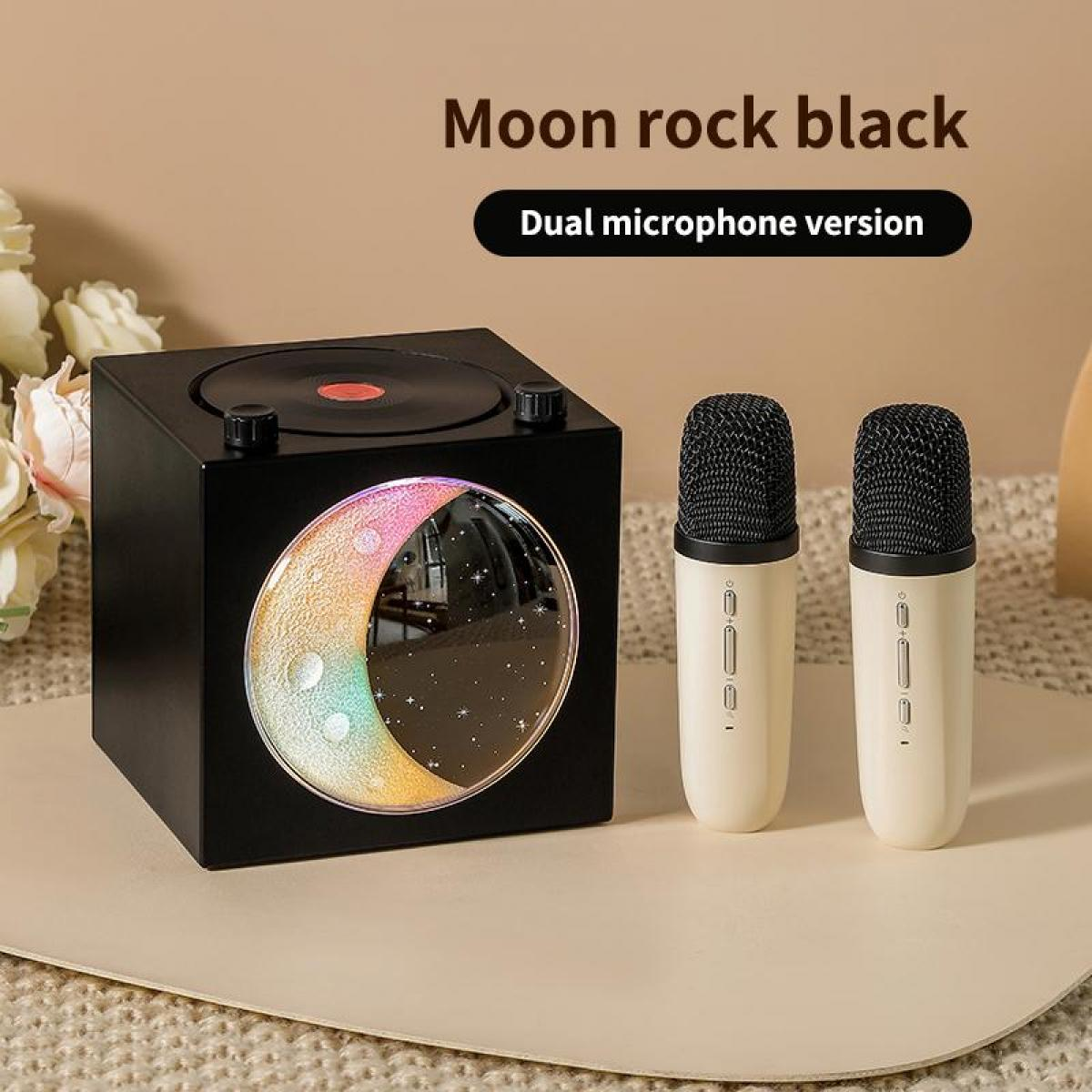 Schwarzer Bluetooth-Lautsprecher in Vinyl-Optik mit Mond-Design und zwei Mikrofonen.