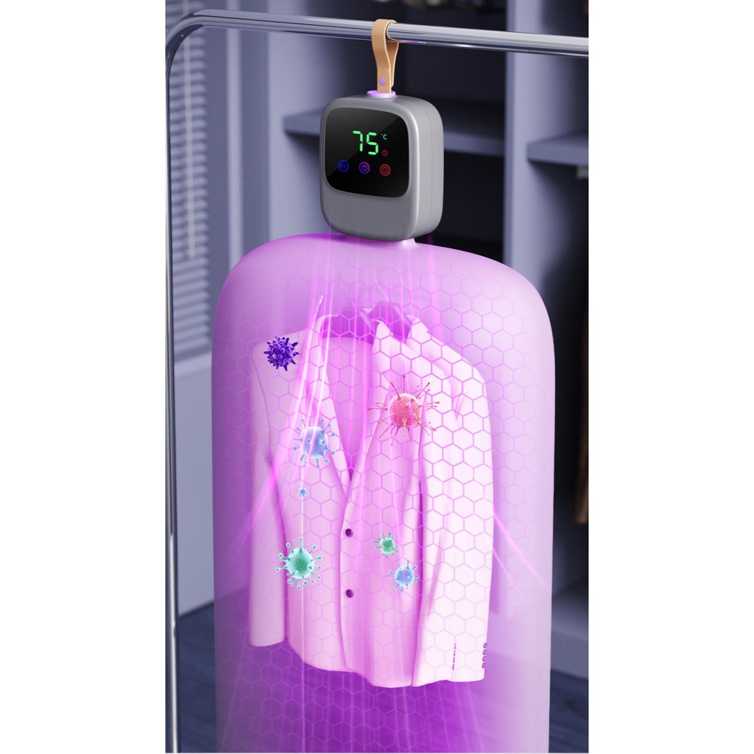 Ein rosa Anzug wird von UV-Licht in einem lila Gehäuse beleuchtet, das Viren darstellt.
