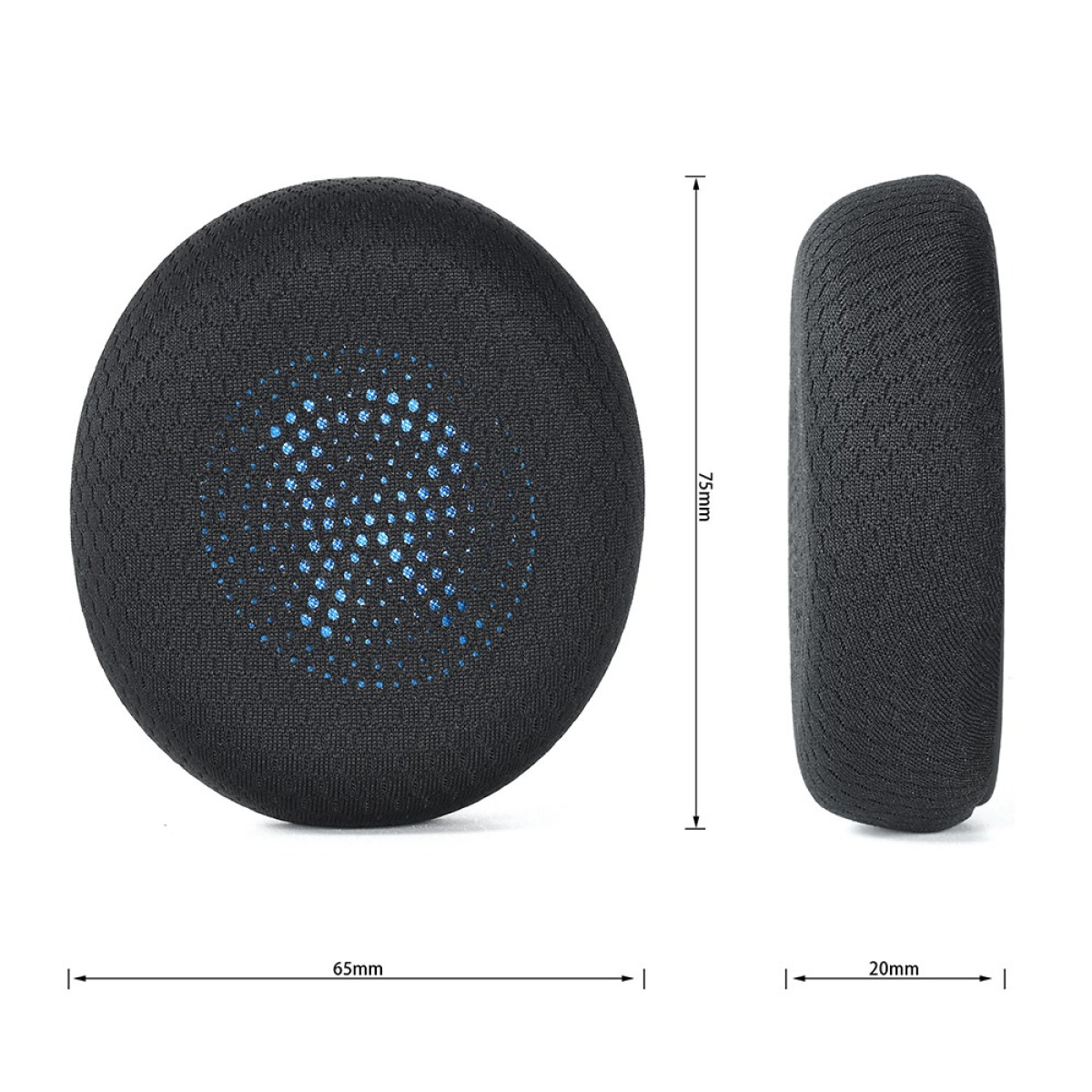 Cuscinetto nero per cuffie, 65mm largo, 75mm alto, 20mm spesso.