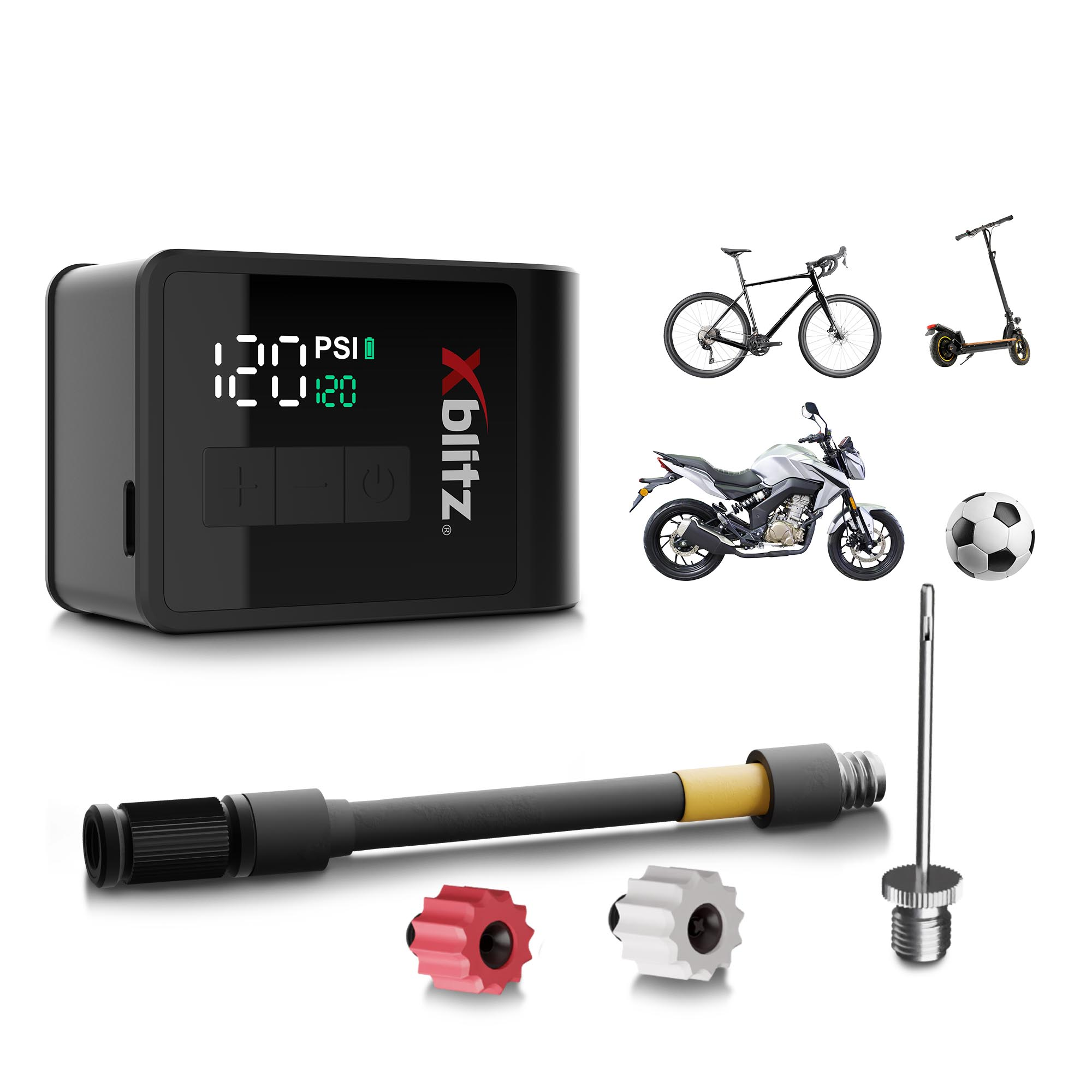 Czarna przenośna pompka XBlitz z wyświetlaczem, rower, hulajnoga, motocykl, piłka i akcesoria.