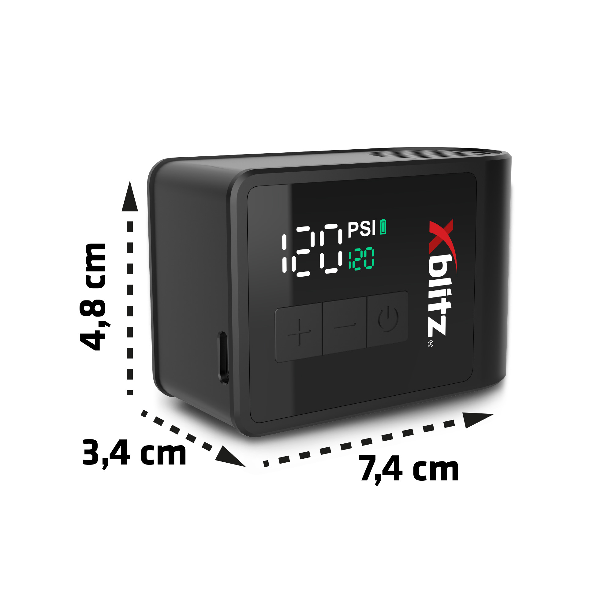 Czarny cyfrowy kompresor powietrza z wyświetlaczem pokazującym 120 PSI.