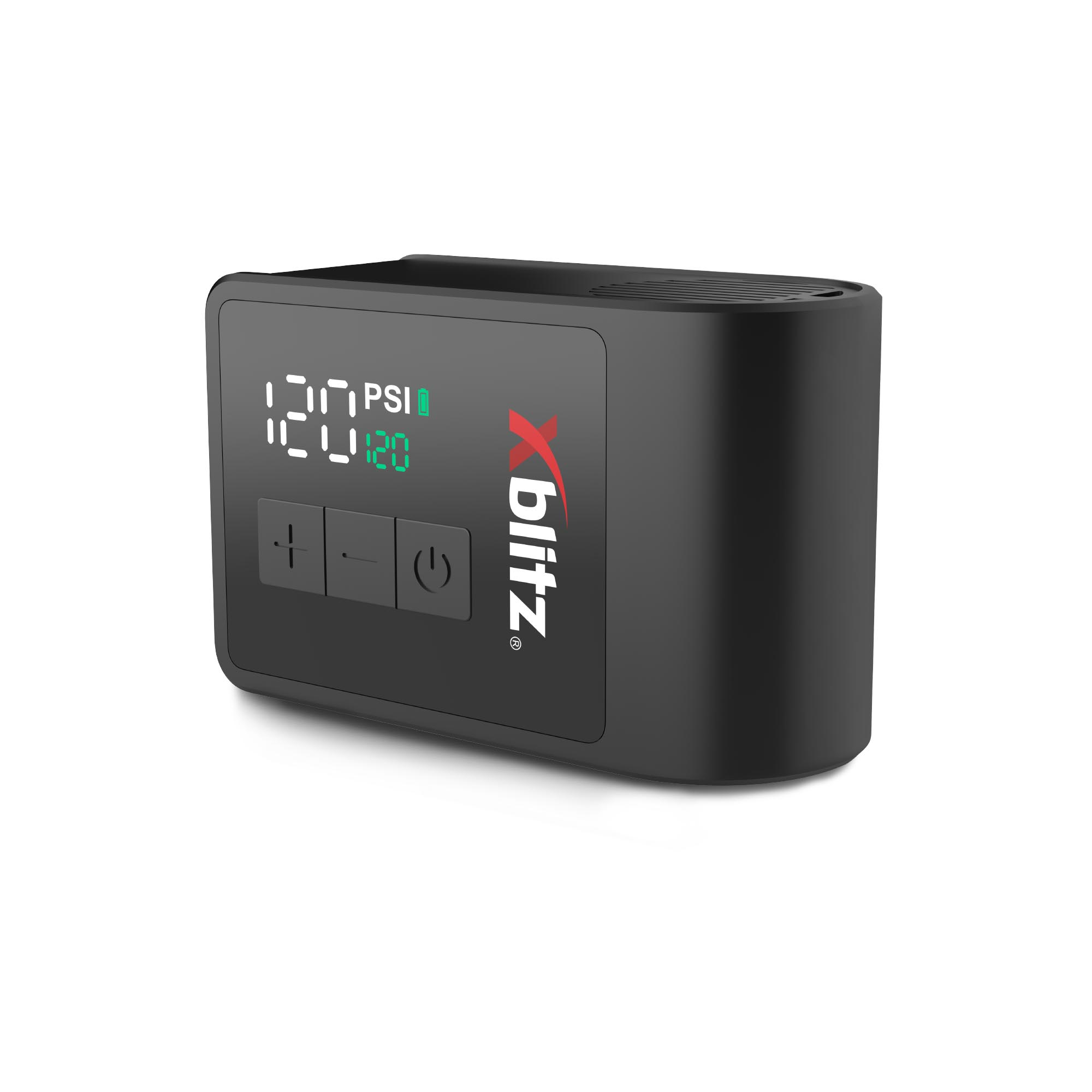 Czarna cyfrowa pompka do opon wyświetlająca 120 PSI i ikonę baterii.