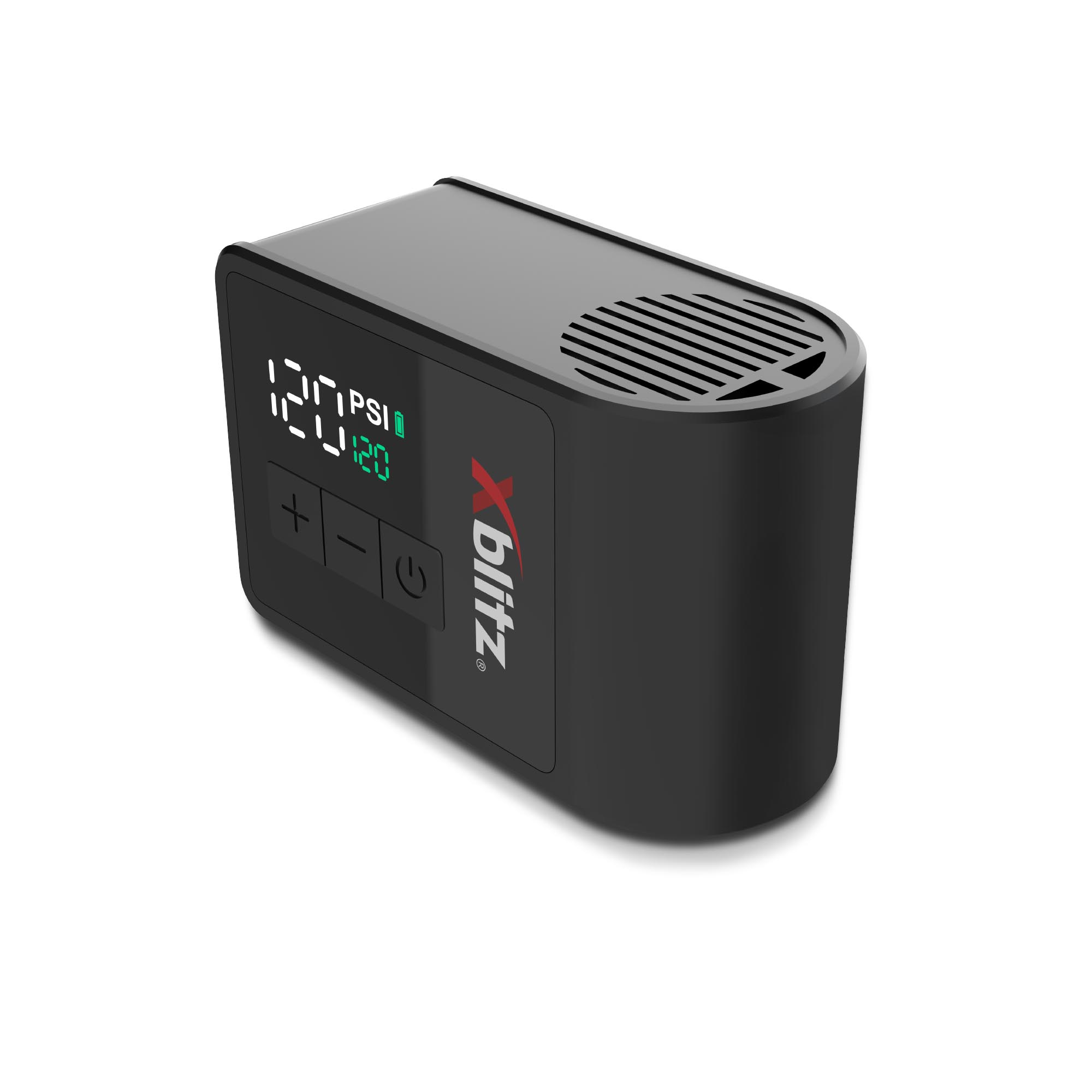 Czarny przenośny kompresor z cyfrowym wyświetlaczem pokazującym 120 PSI.