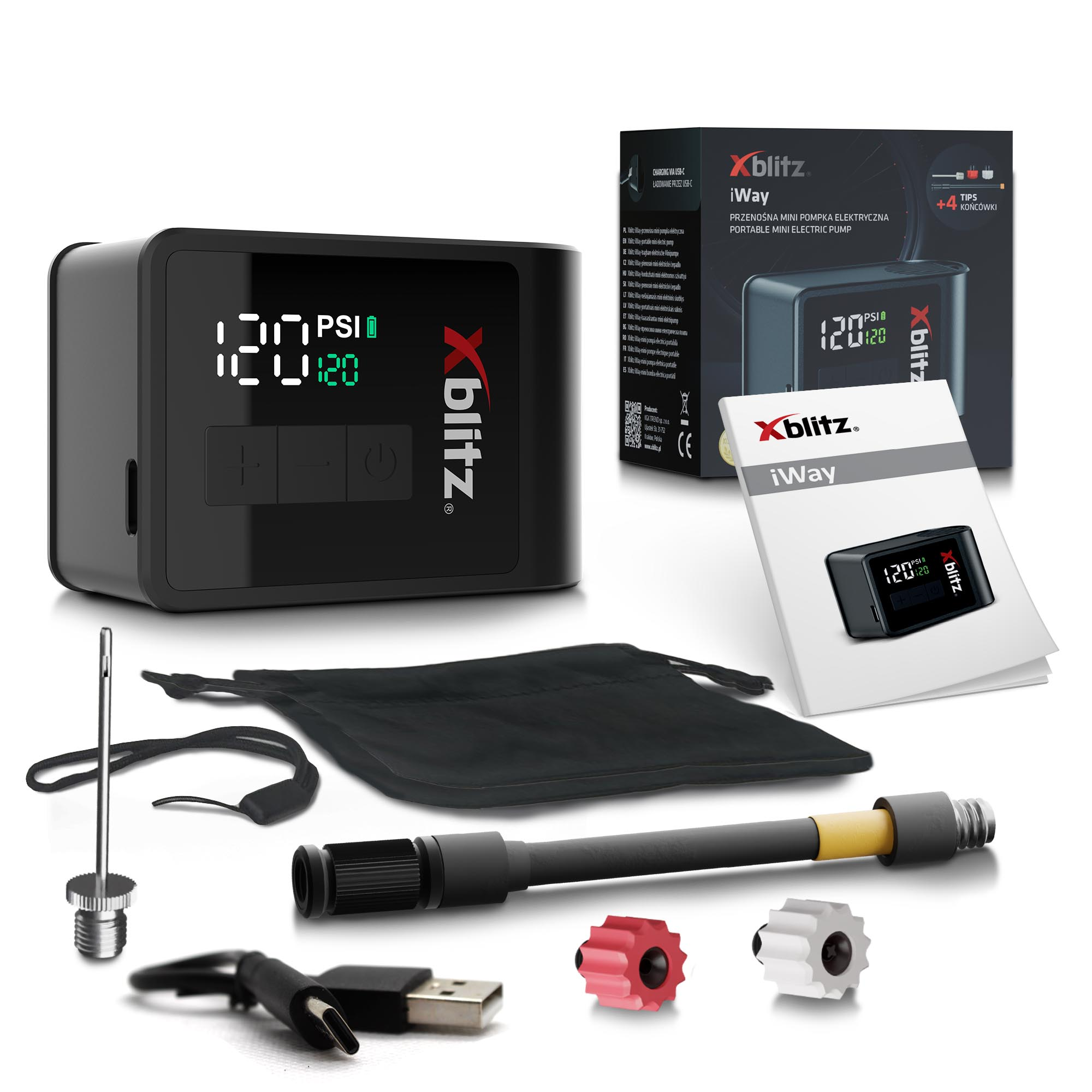 Czarny zestaw mini pompki elektrycznej z kablem USB-C, igłami i czarną torbą.