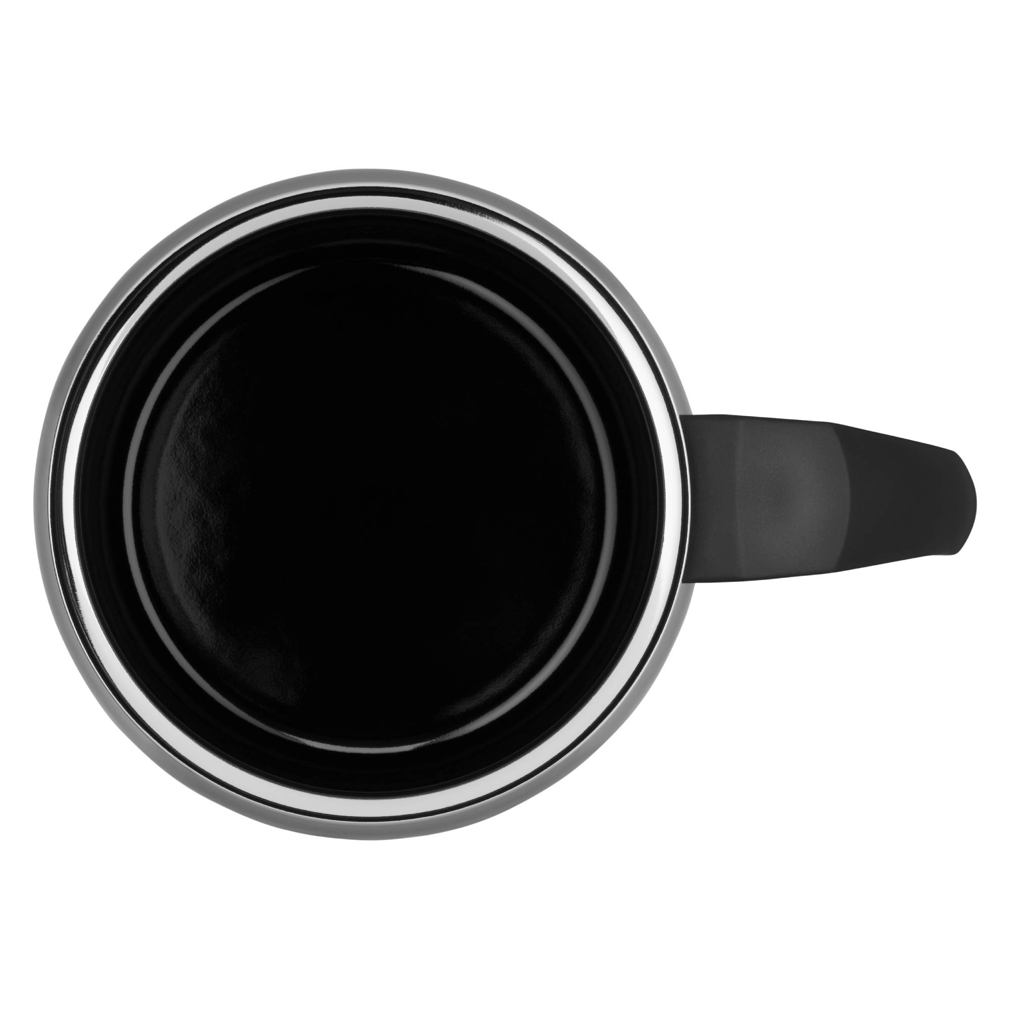 Schwarze Tasse mit silbernem Rand und schwarzem Griff, von oben gesehen.