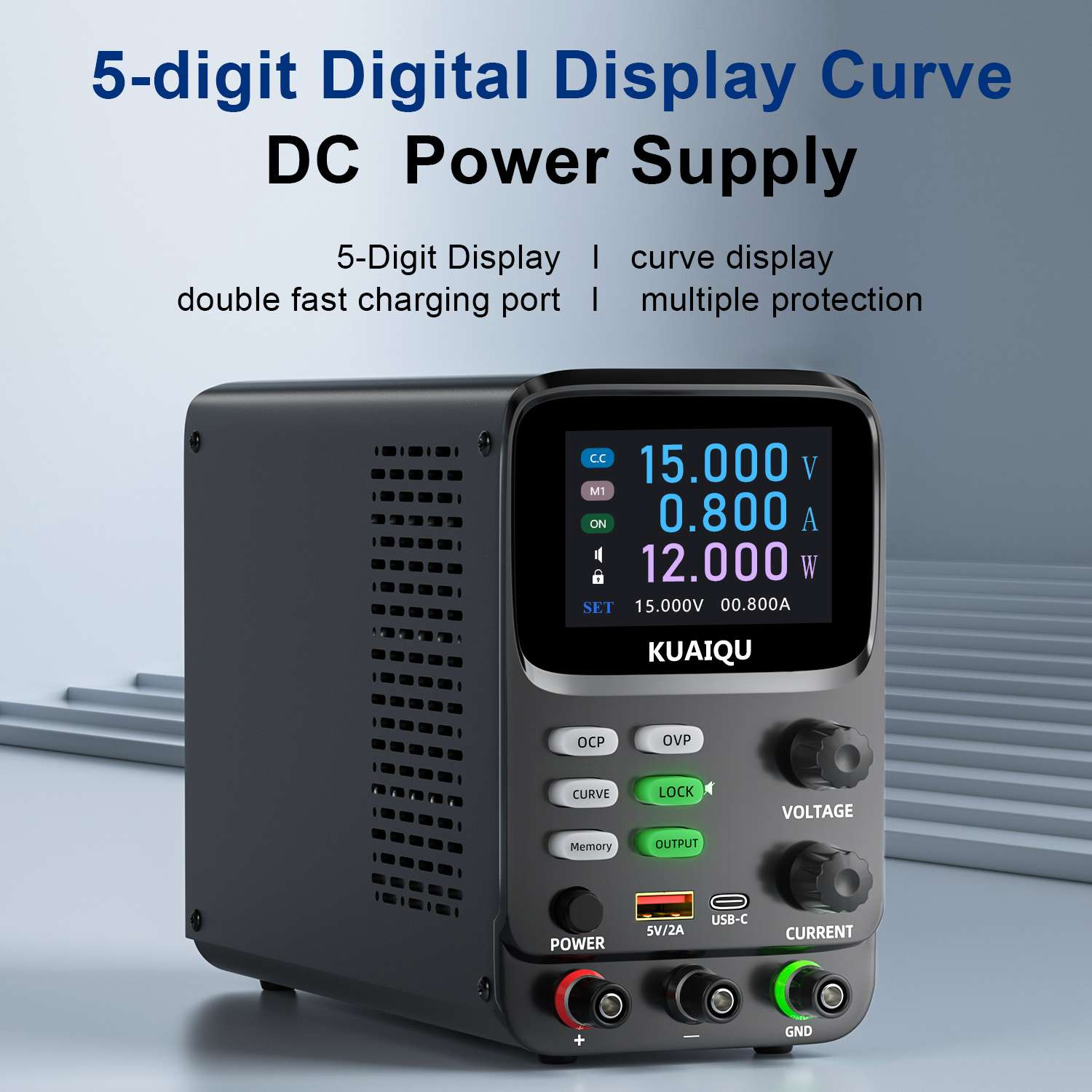 Ein schwarzes DC-Netzteil mit digitaler Anzeige zeigt 15V, 0.8A und 12W an.