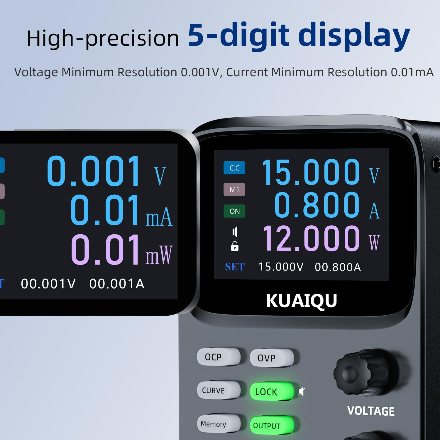 Ein digitales Messgerät mit zwei Displays, das Spannung, Strom und Leistung anzeigt.