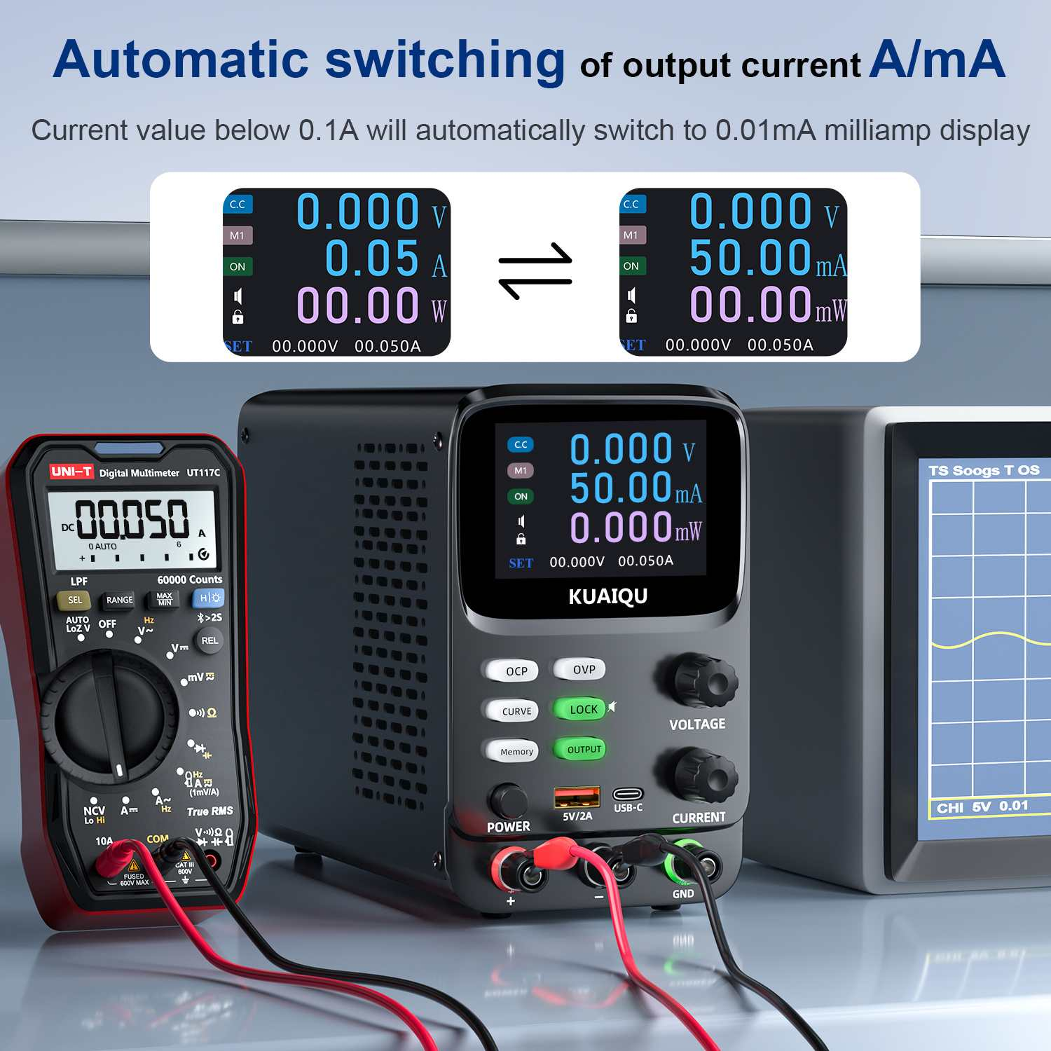 Ein Multimeter und ein Netzteil mit digitalen Anzeigen werden gezeigt. Die Anzeigewerte wechseln zwischen Ampere und Milliampere.