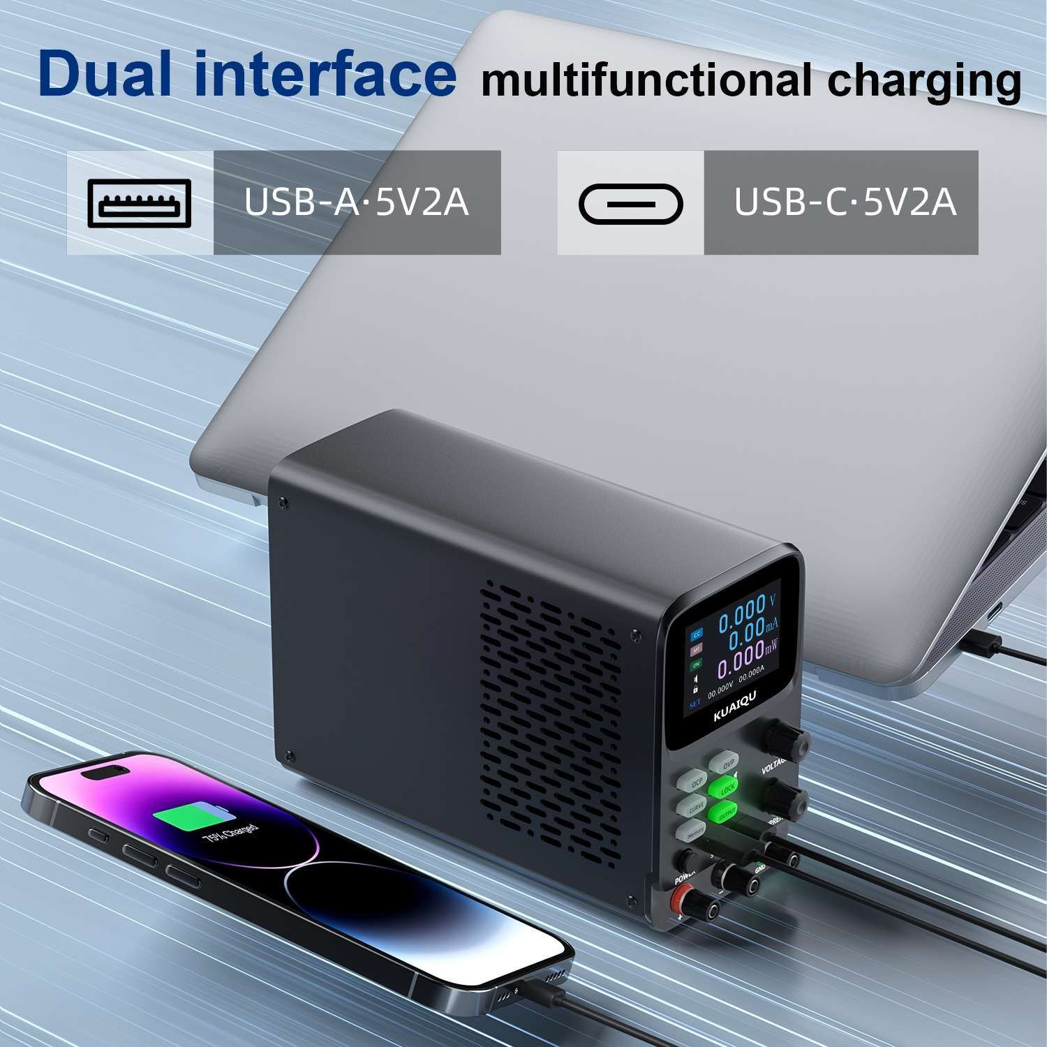 Netzteil mit USB-A & USB-C, lädt Handy & Laptop.