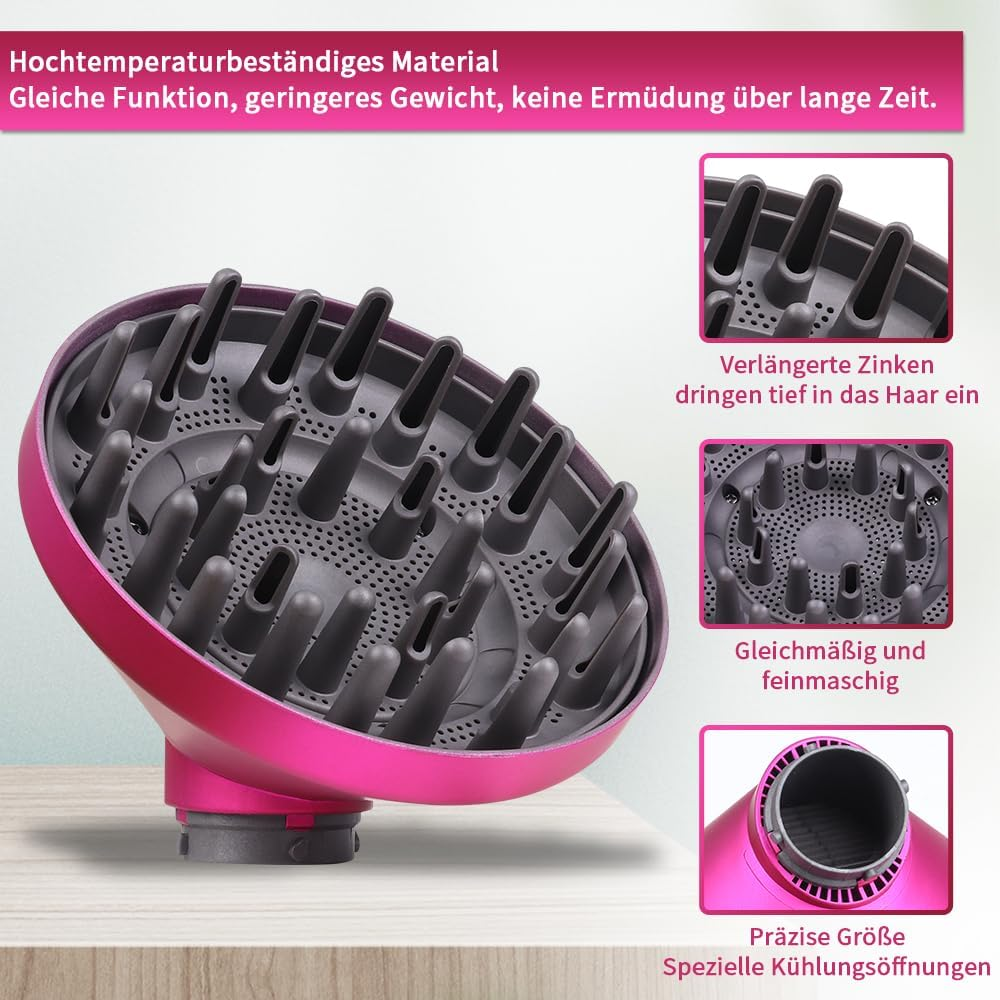 Ein pinker Diffusor für Haartrockner mit längeren Zinken und feinen Löchern.