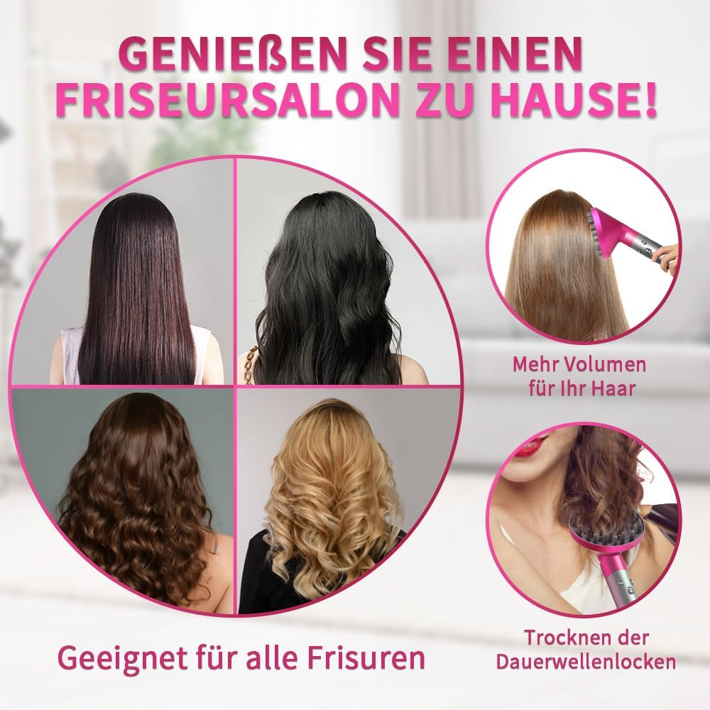Vier Frisuren: glatt, gewellt, lockig, mit Volumen. Haartrockner-Zubehör.