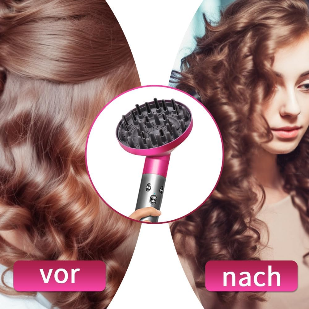 Vorher und Nachher: Diffusoraufsatz für Locken, der eine Frau mit vollem, lockigem Haar zeigt.