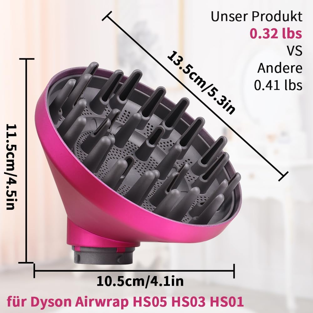 Ein pinker Diffusoraufsatz für Dyson Airwrap mit Abmessungen.