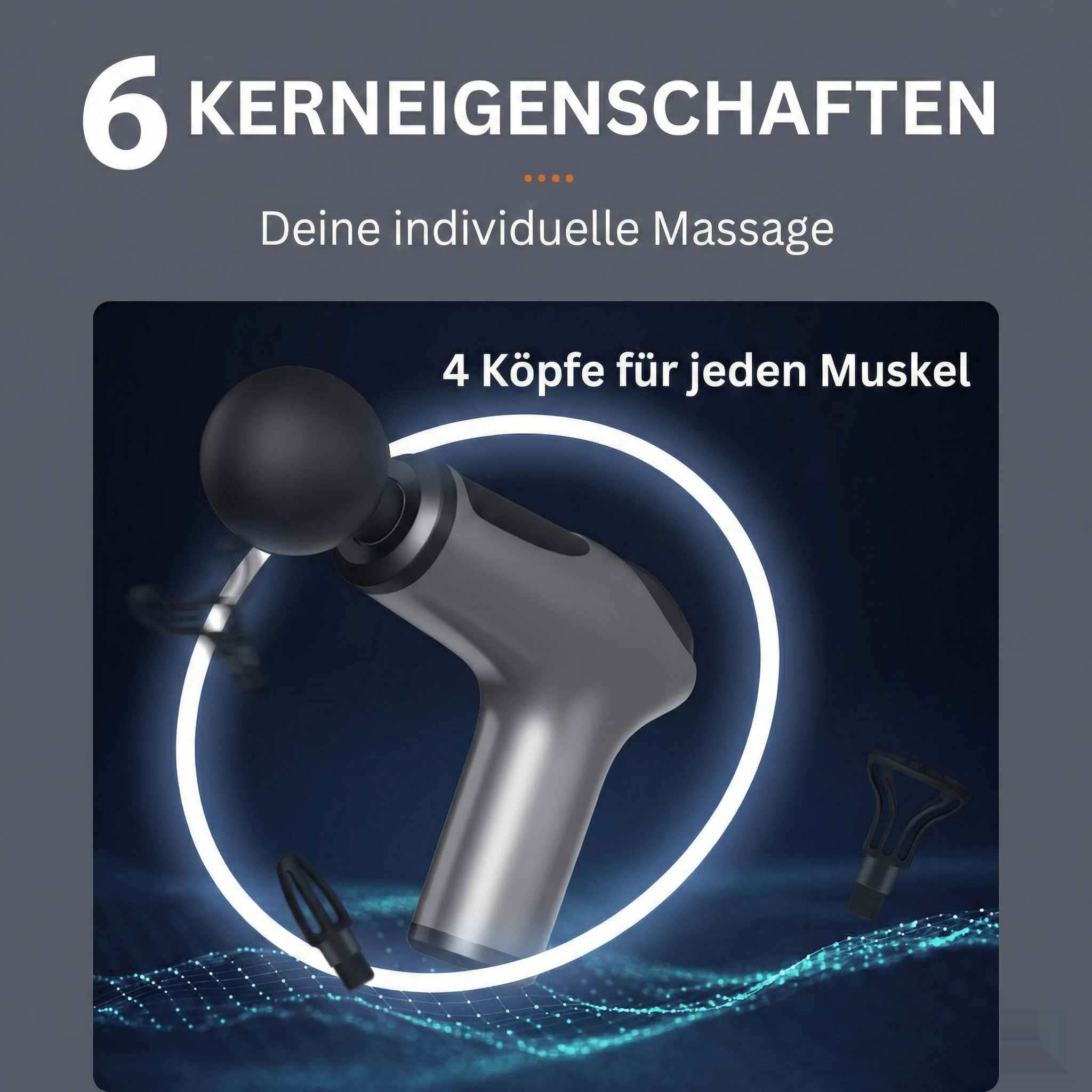 Graues Massagegerät mit 4 Aufsätzen, umgeben von einem leuchtenden Kreis.