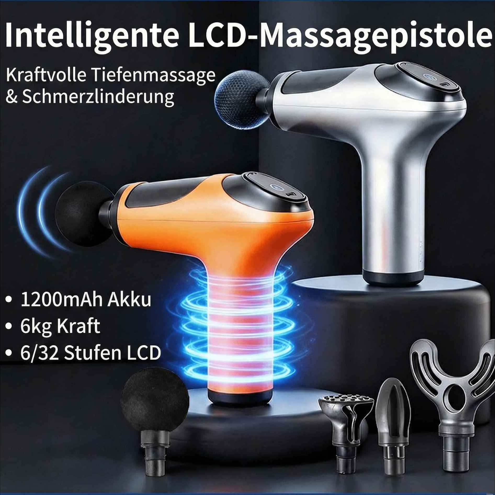 Zwei Massagepistolen, eine silberne und eine orange, mit verschiedenen Aufsätzen.