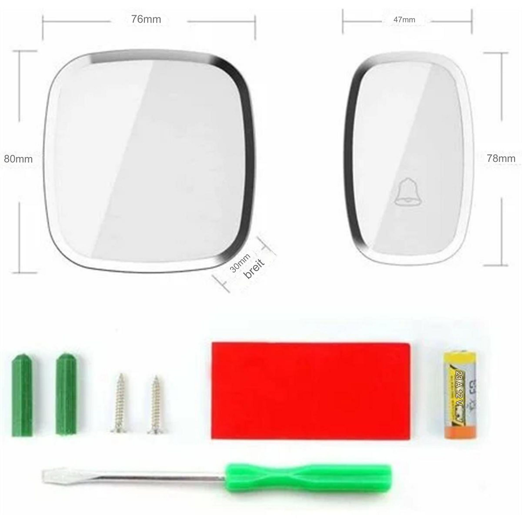 Türklingel-Set mit Schrauben, Dübeln, Klebeband und Batterie.