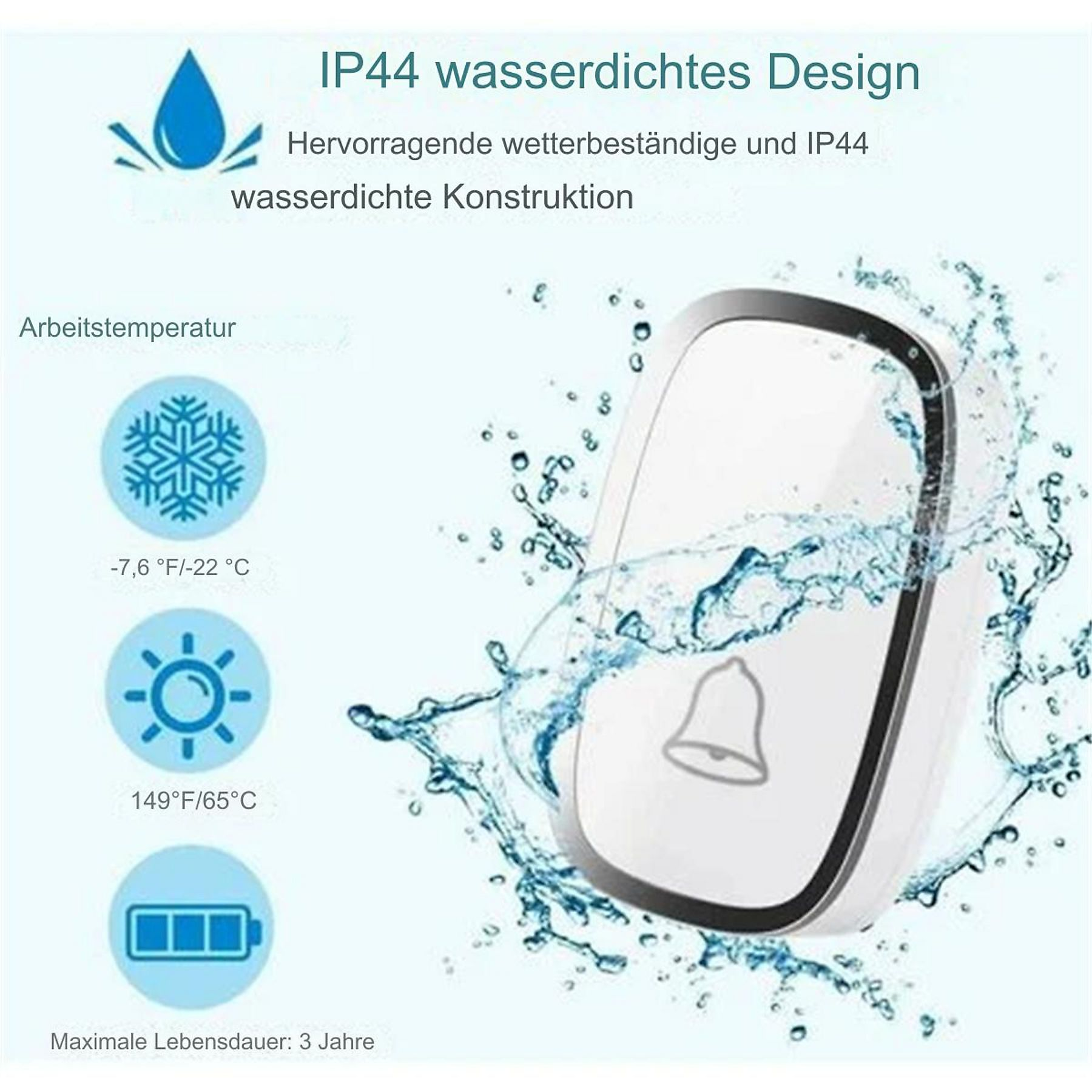 IP44 wasserdichtes Design mit Temperaturangaben und Batterielaufzeit.