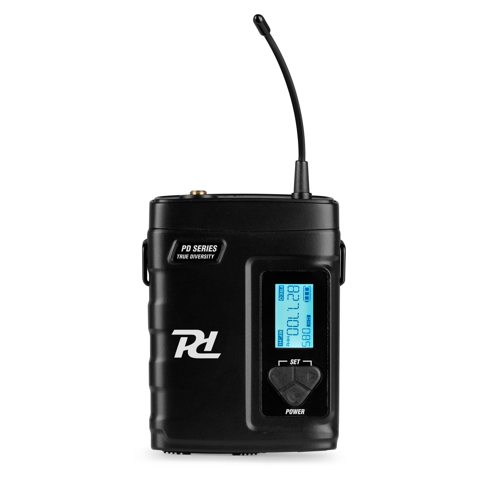 Een zwarte draadloze ontvanger met antenne en LCD-scherm.