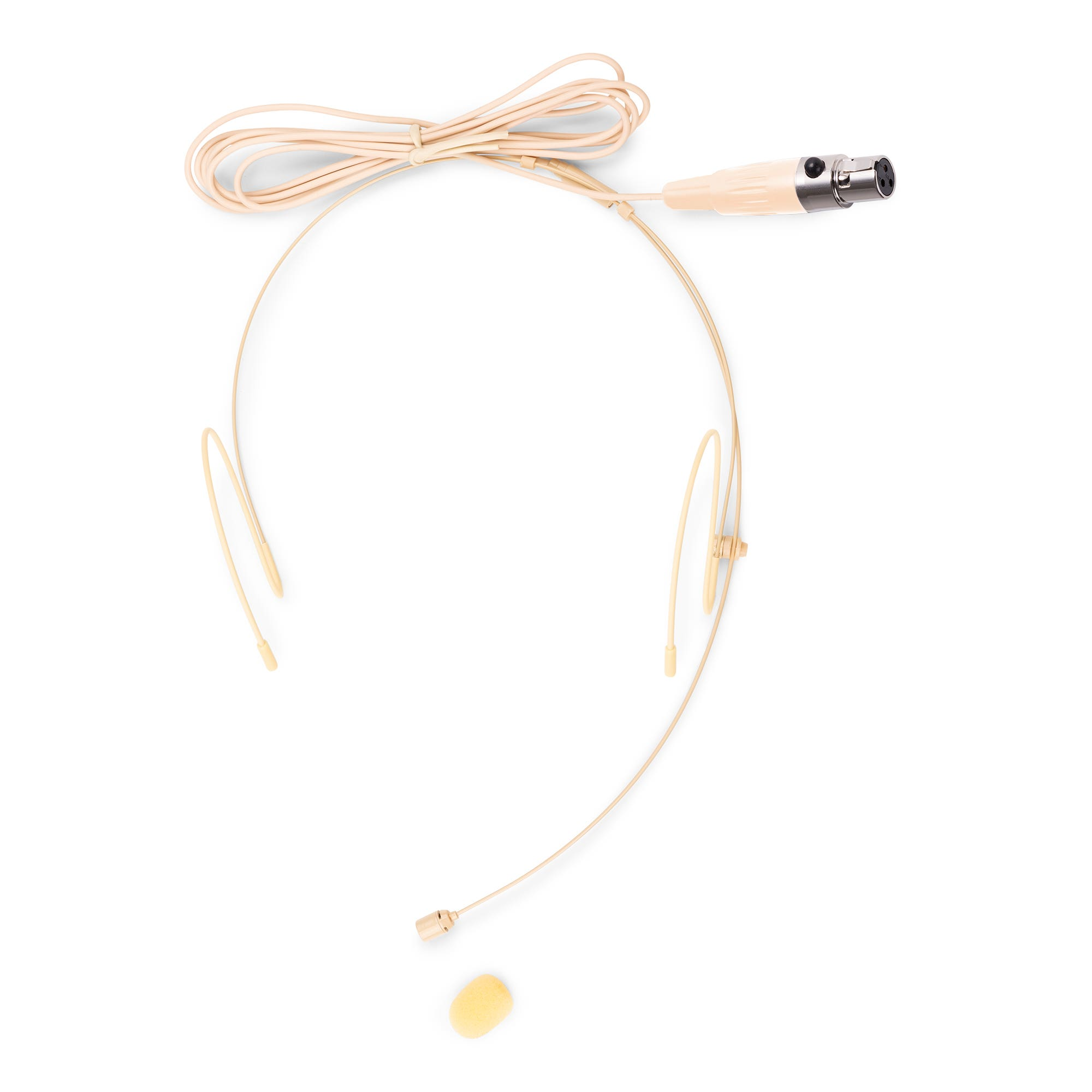 Een beige headsetmicrofoon met kabel en schuimwindkap.