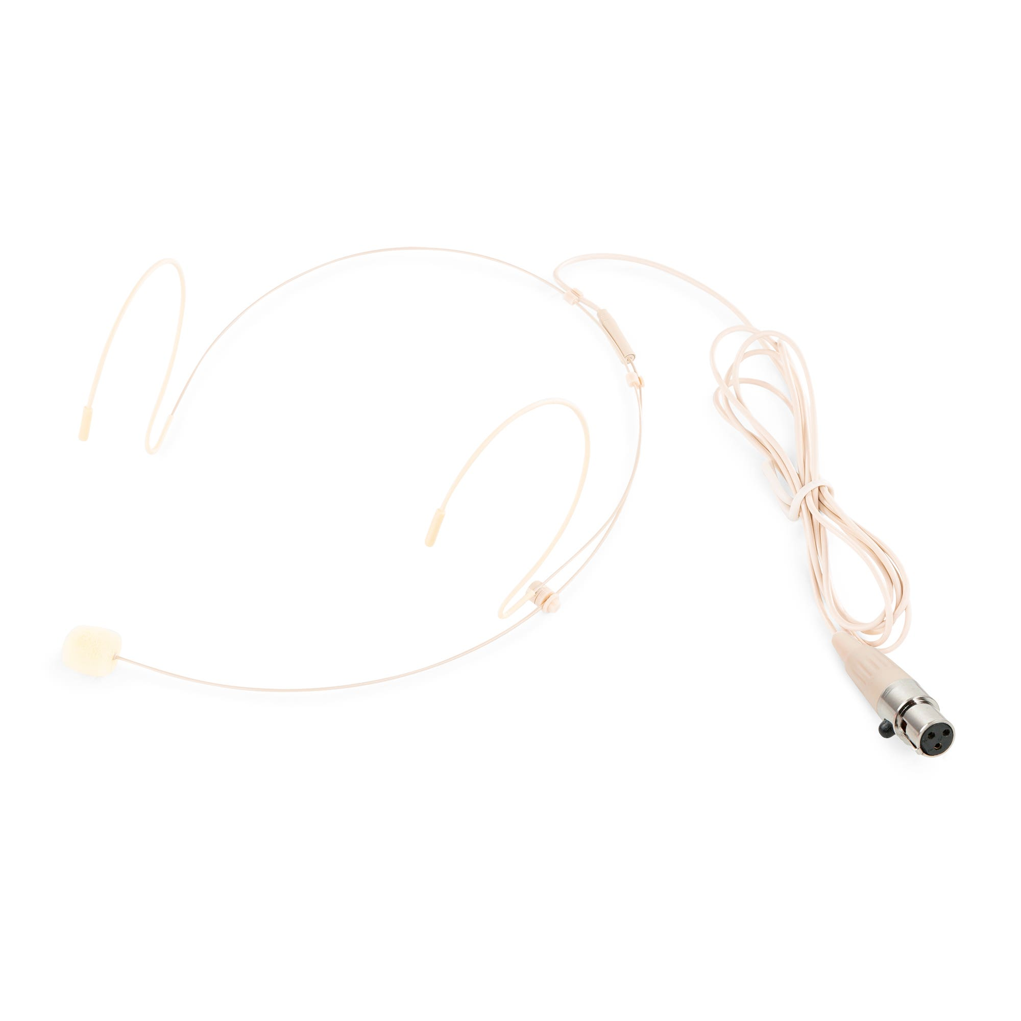 Een beige headsetmicrofoon met XLR-connector en schuimwindkap.