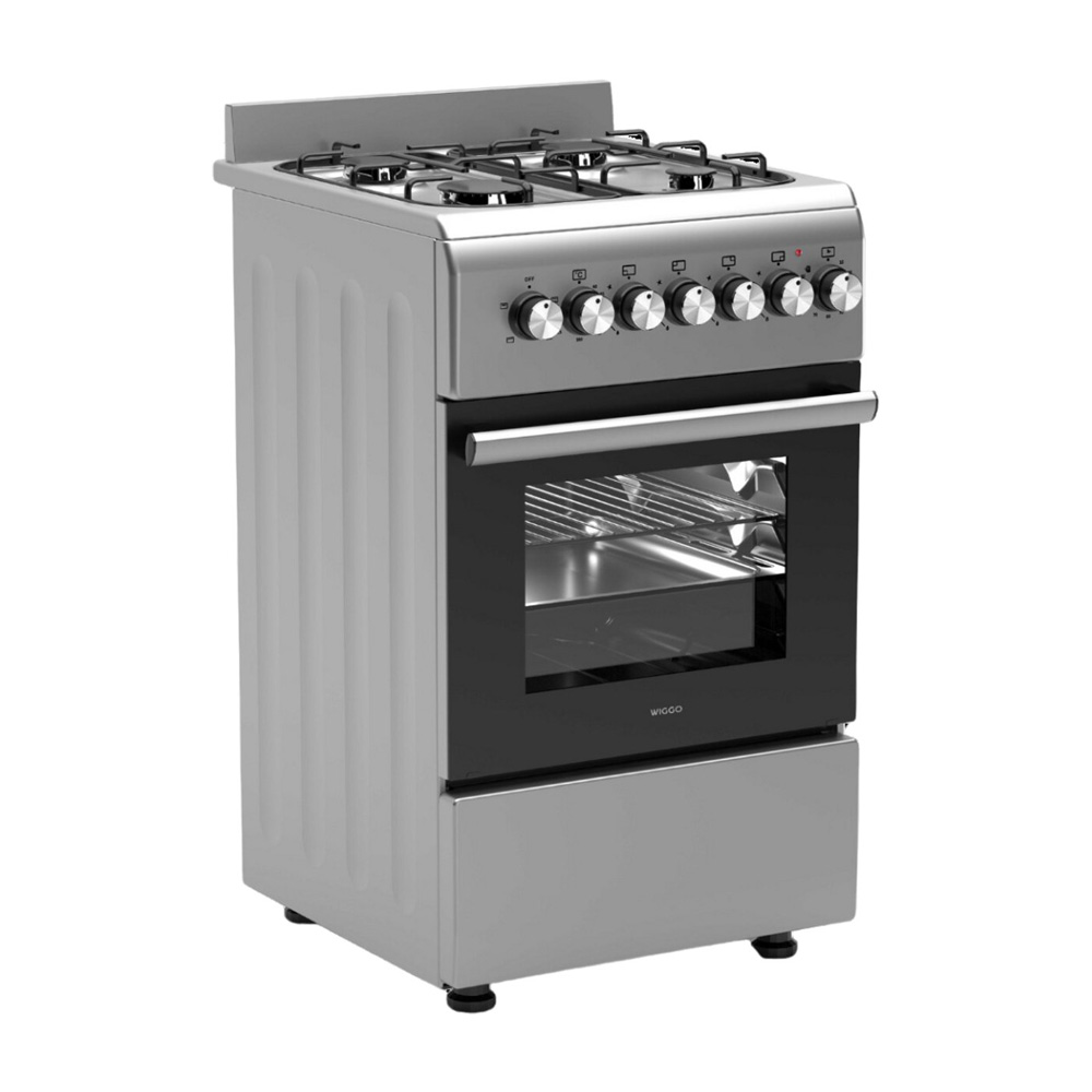 A silver gas stove with four burners, an oven with a glass door, and control knobs.