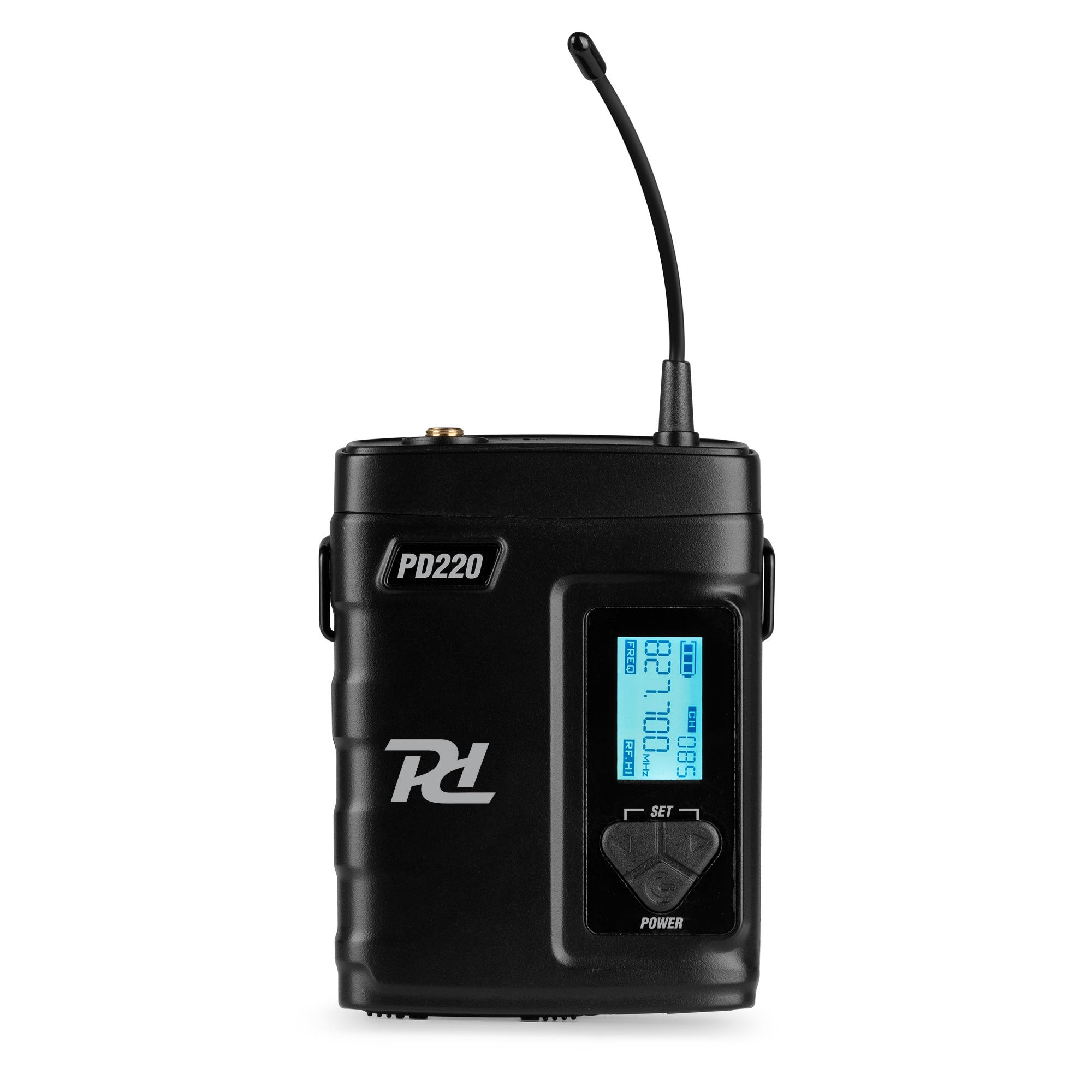 Zwarte PD220 draadloze zender met antenne en blauw LCD-scherm.