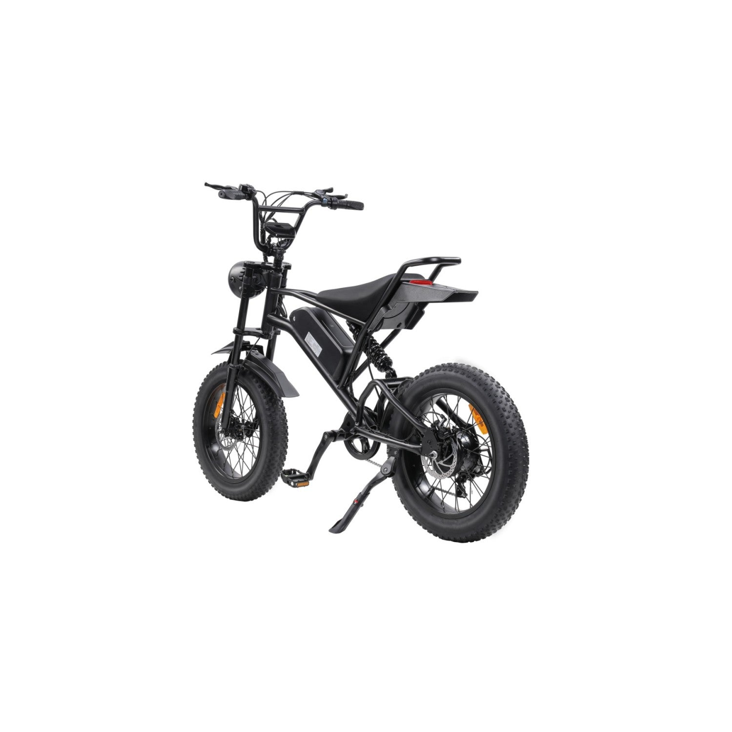 Una bicicleta eléctrica negra con neumáticos anchos y suspensión.