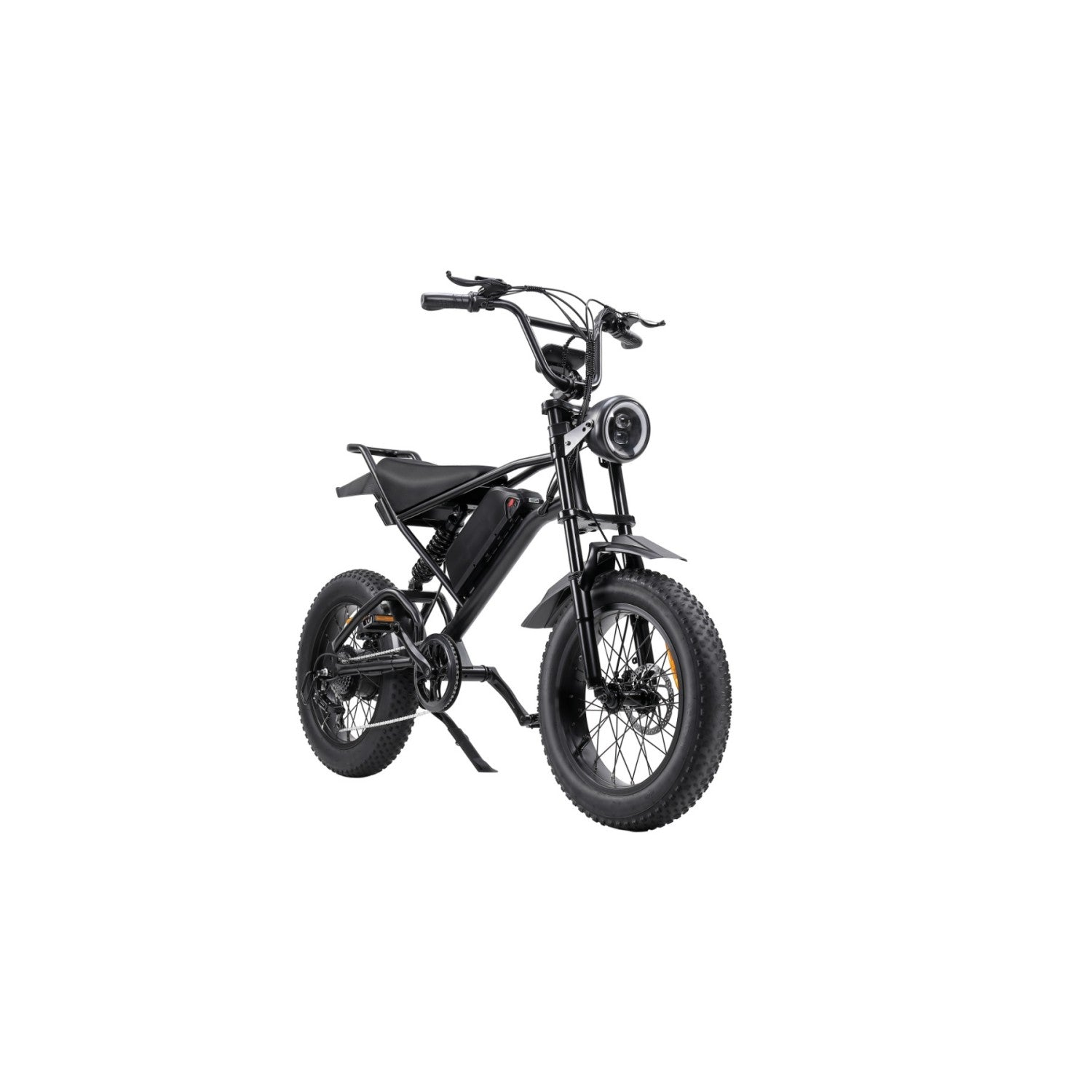 Bicicleta eléctrica negra con neumáticos anchos, suspensión, faro y manillar bajo.