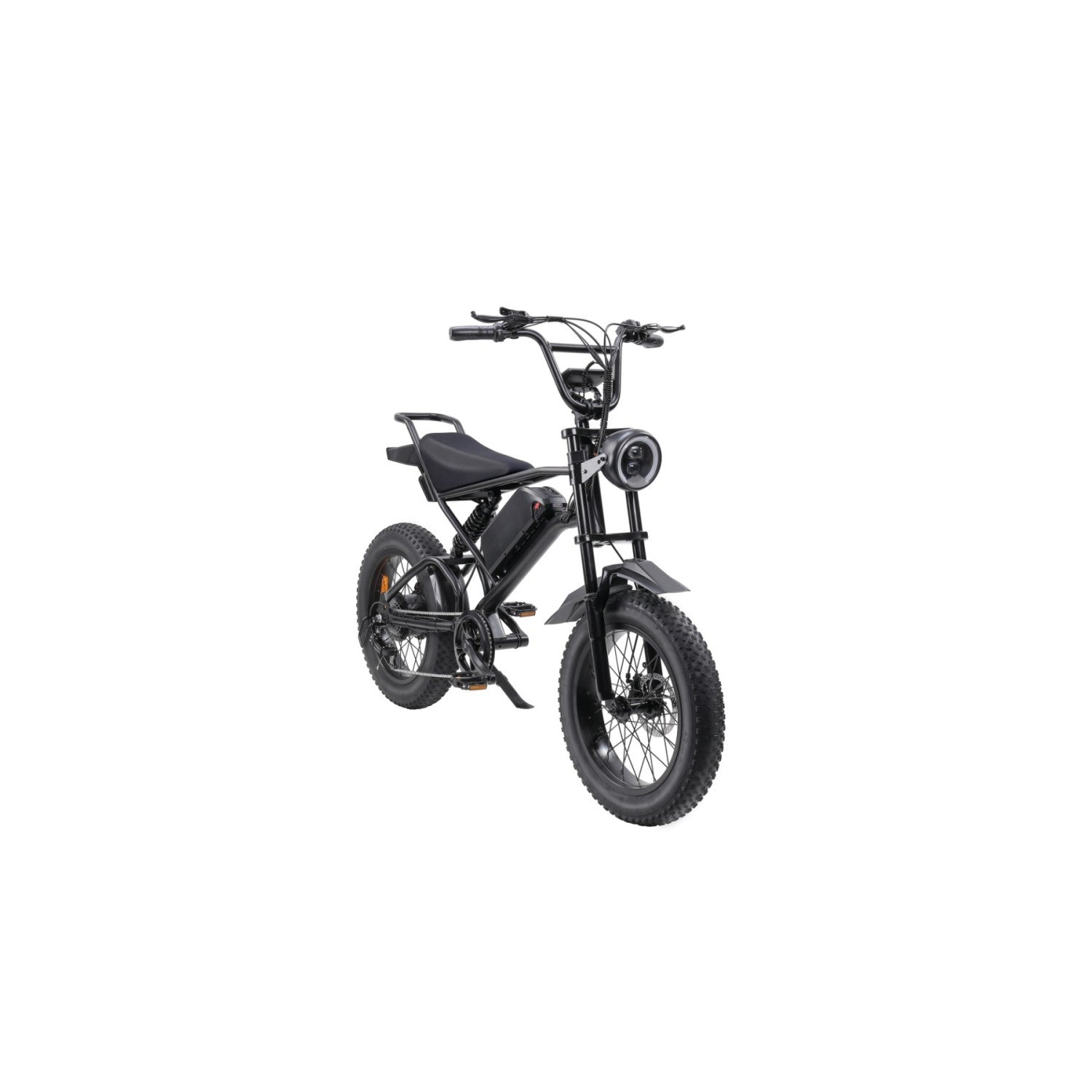 Bicicleta eléctrica negra con neumáticos anchos, faro redondo y asiento bajo.
