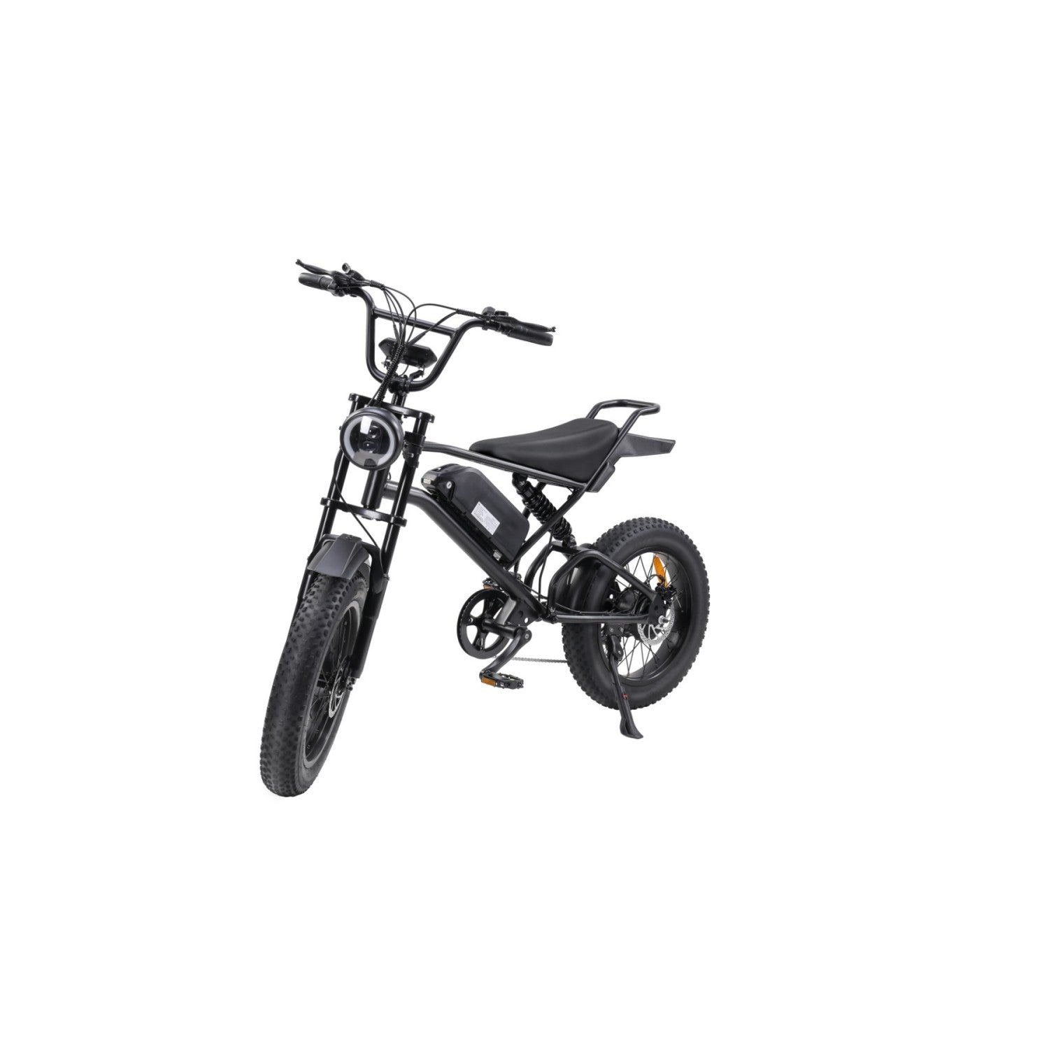 Bicicleta eléctrica negra de llantas anchas con suspensión y faro redondo.