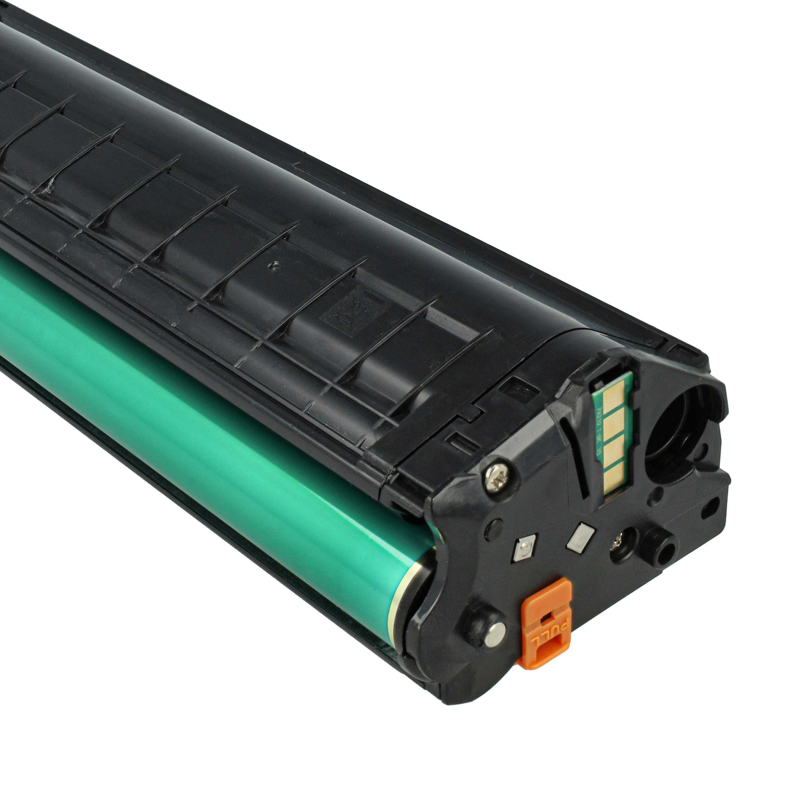 Schwarzer Toner mit grüner Trommel und orangefarbenem "PULL"-Griff.
