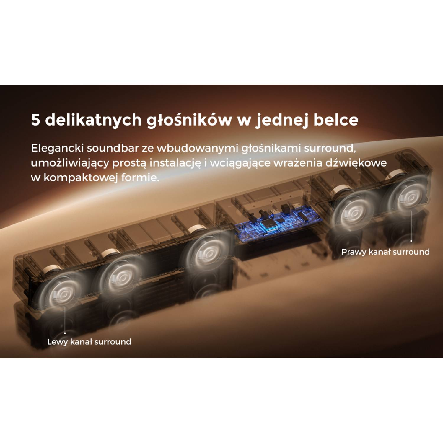 Soundbar z 5 głośnikami, pokazano lewy i prawy kanał surround.