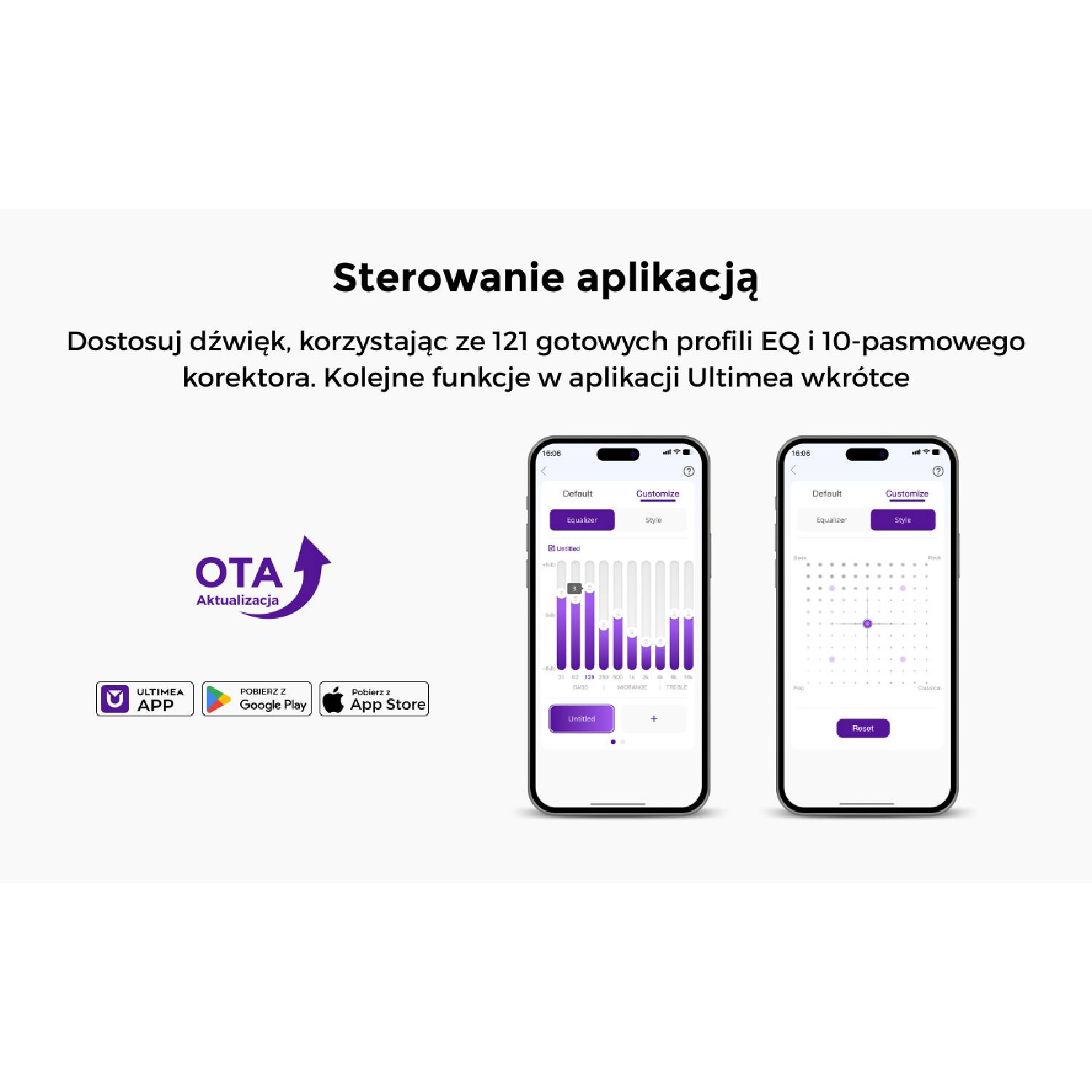 Dwa smartfony pokazują ustawienia equalizera i stylu aplikacji audio.