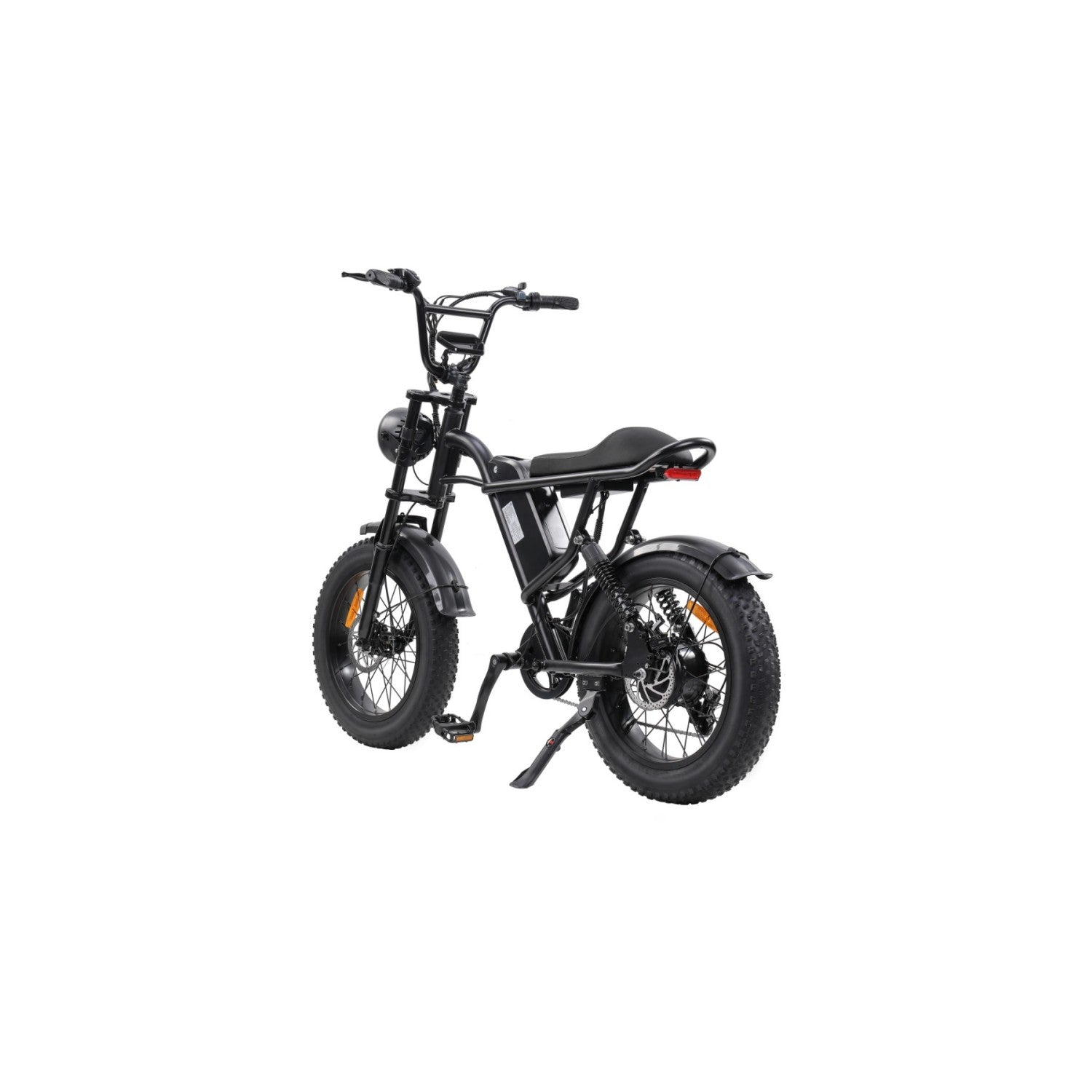 Bicicleta eléctrica negra con neumáticos anchos, faro redondo y manillar bajo.