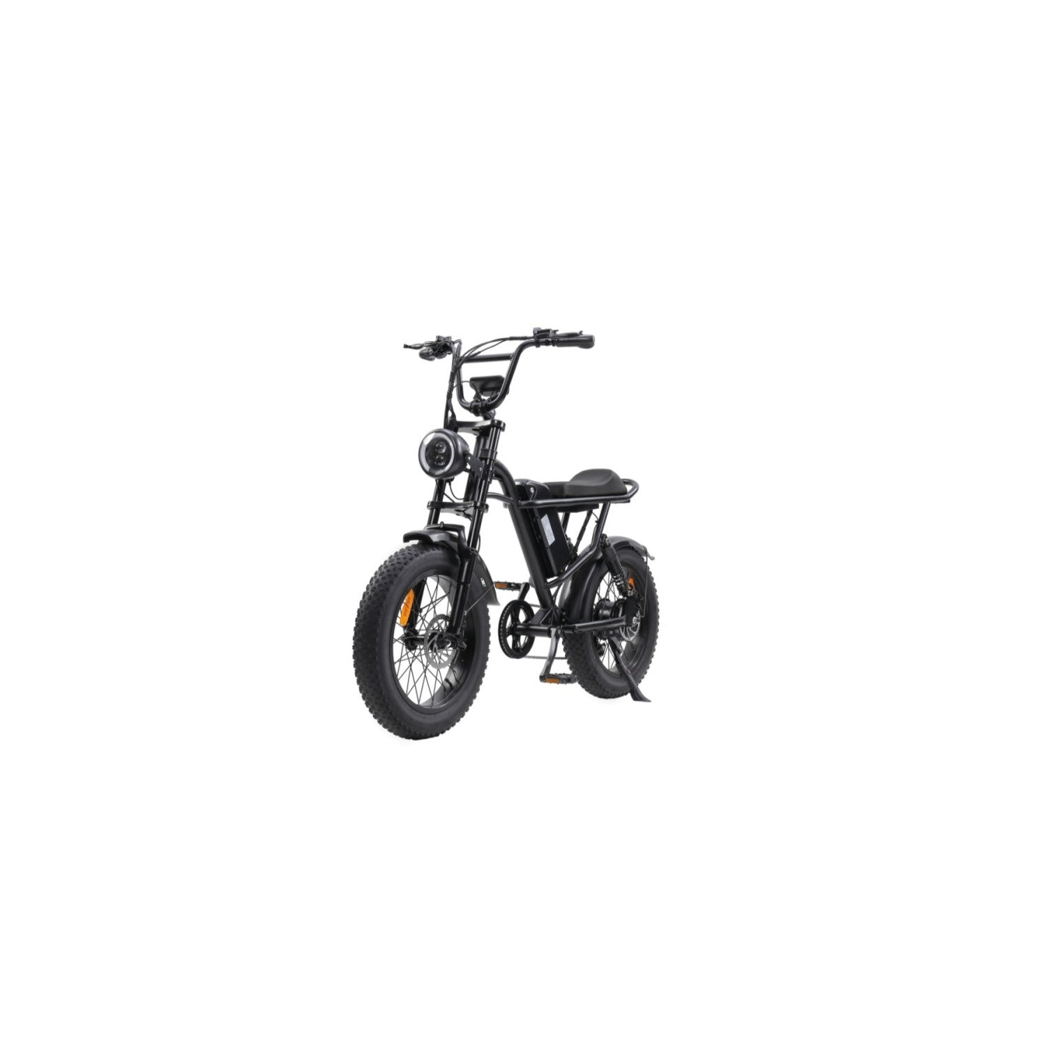 Una bicicleta eléctrica negra con neumáticos anchos y faro redondo.