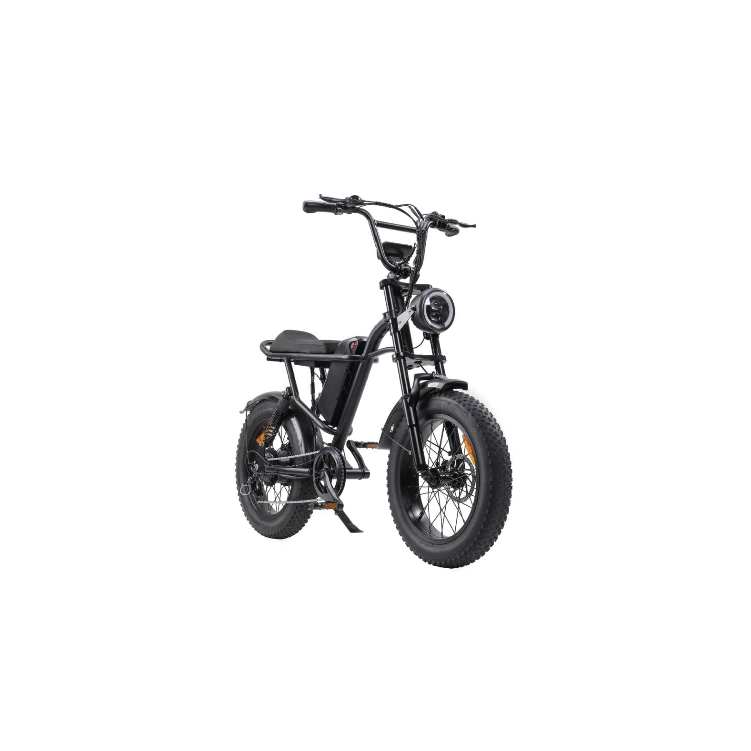 Bicicleta eléctrica negra con neumáticos anchos, faro redondo y suspensión.