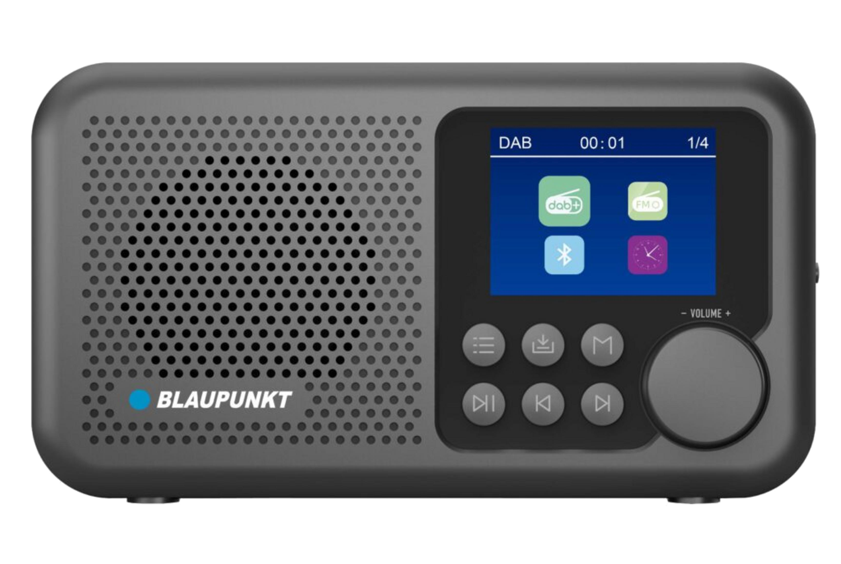 Una radio Blaupunkt grigia con schermo e pulsanti.