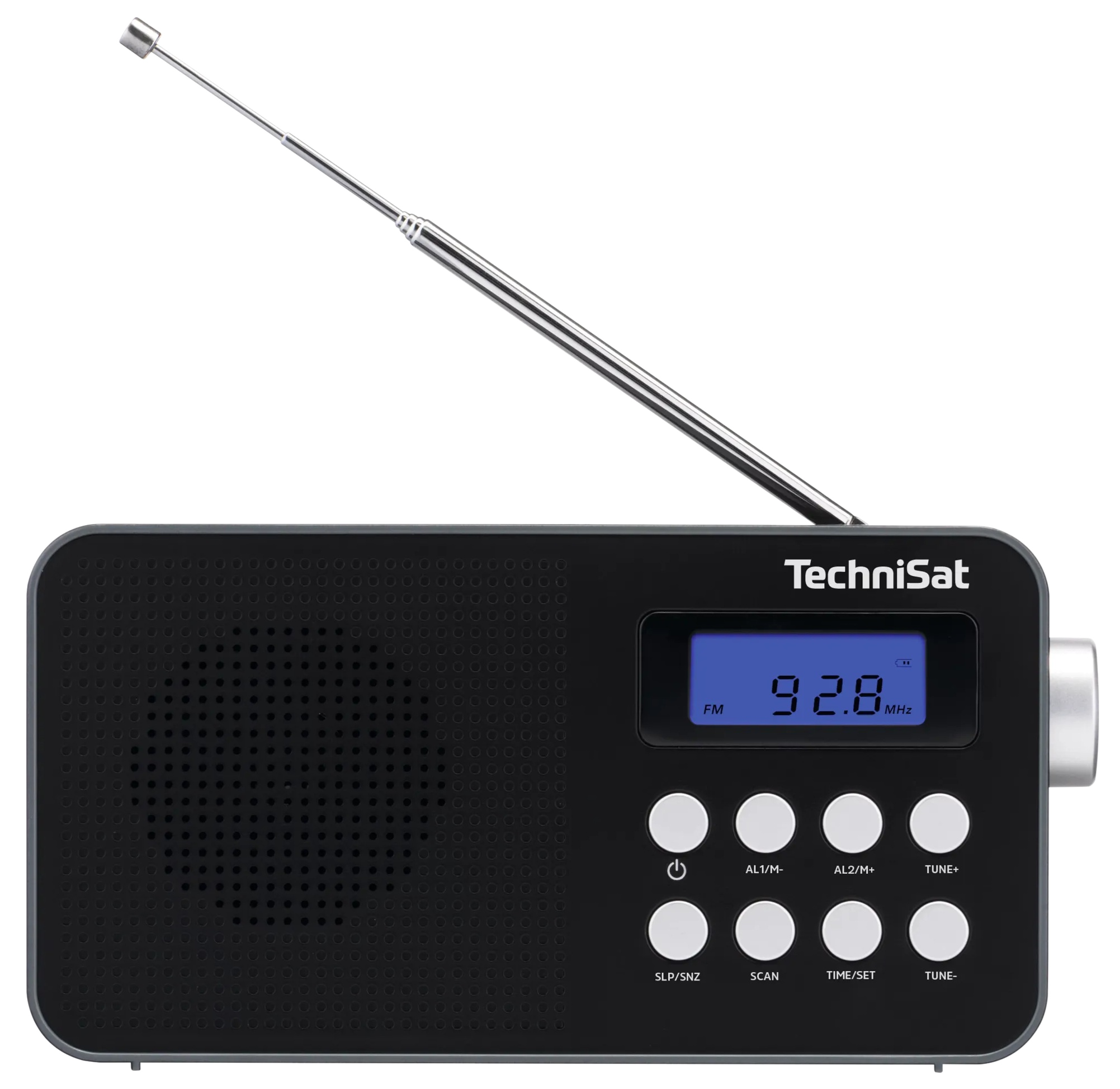 Radio TechniSat nera con antenna estesa e display LCD che mostra 92.8 MHz.