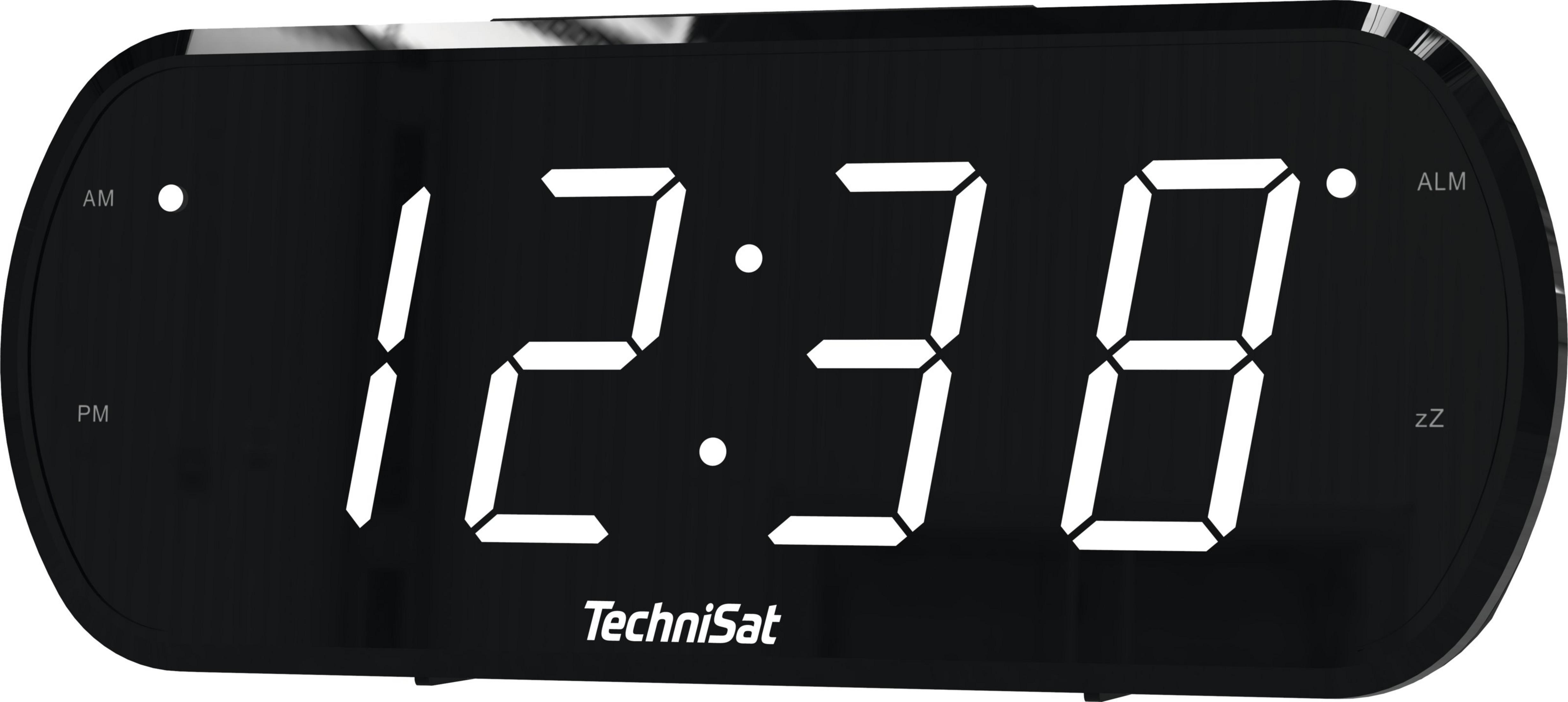 Orologio digitale mostra 12:38 AM con indicatori AM/PM e sveglia.