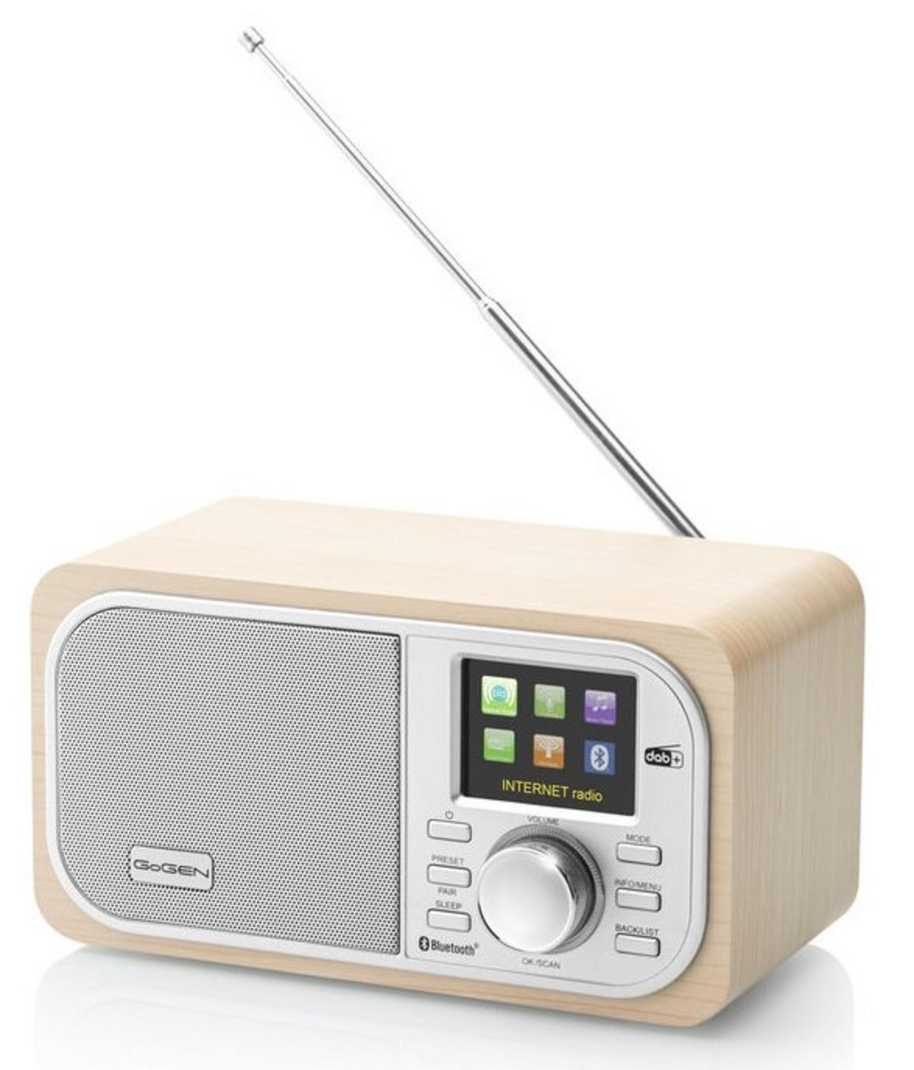 Drewniane radio internetowe z srebrnym grillem głośnika i anteną.