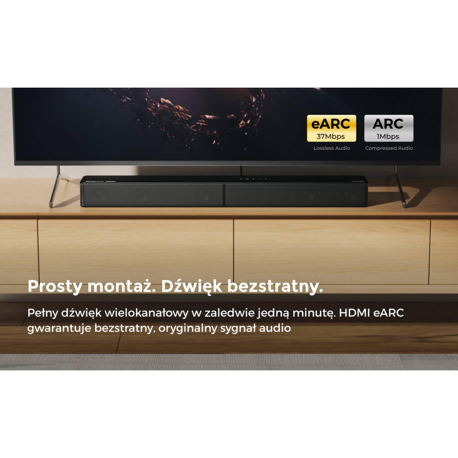 Czarny soundbar pod telewizorem wyświetla eARC i ARC.